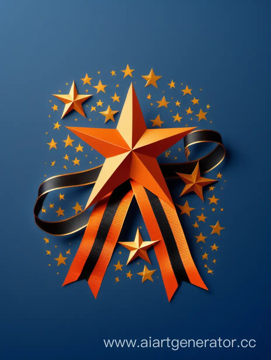Поздравительная открытка ко Дню Защитника Отечества, добавь черно-оранжевую георгиевскую ленту, золотую звезду, ленточки, красиво развевающиеся на ветру, голубой фон, минимализм