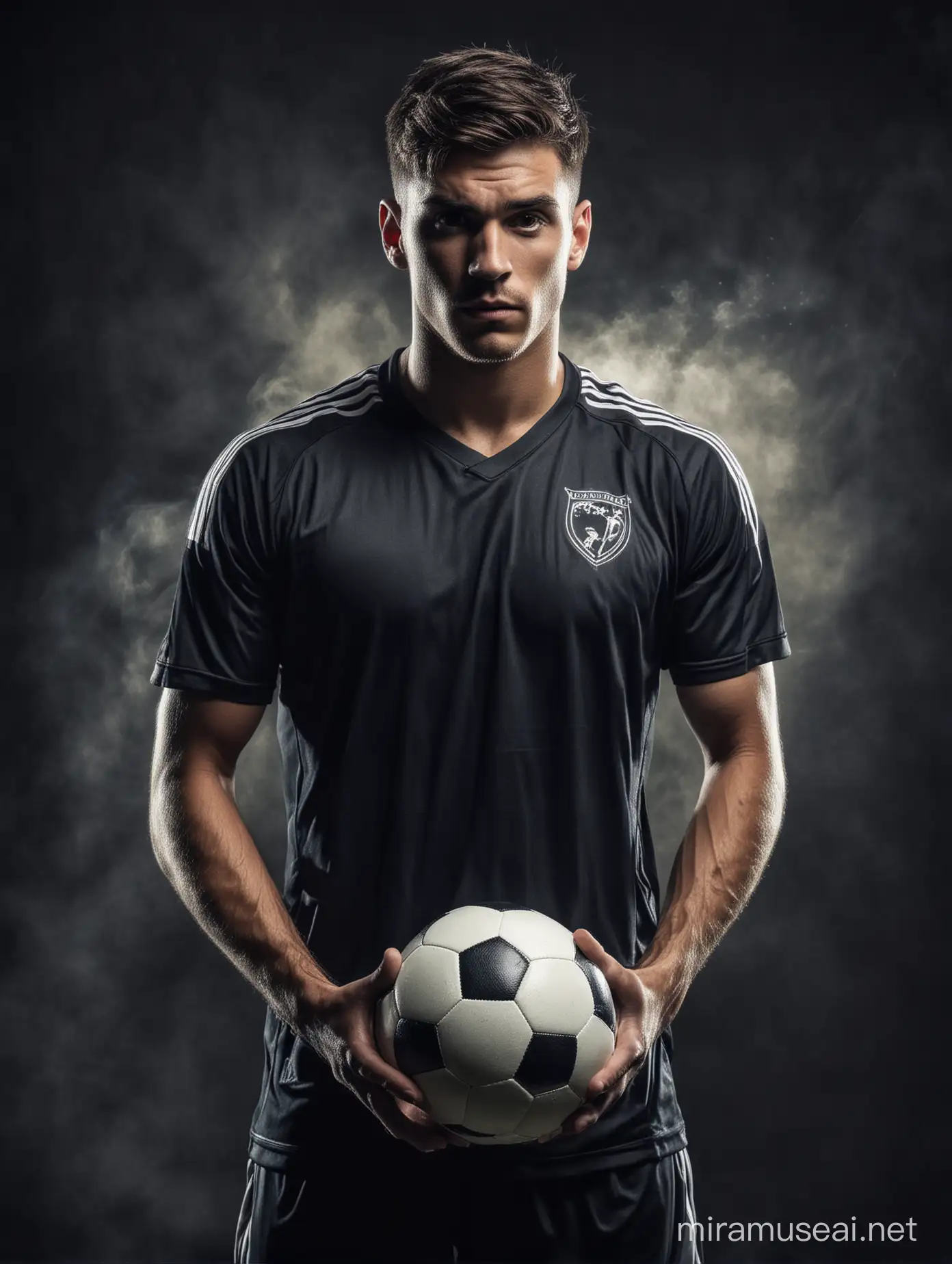 Male Soccer Player Holding Football on Dramatic Background