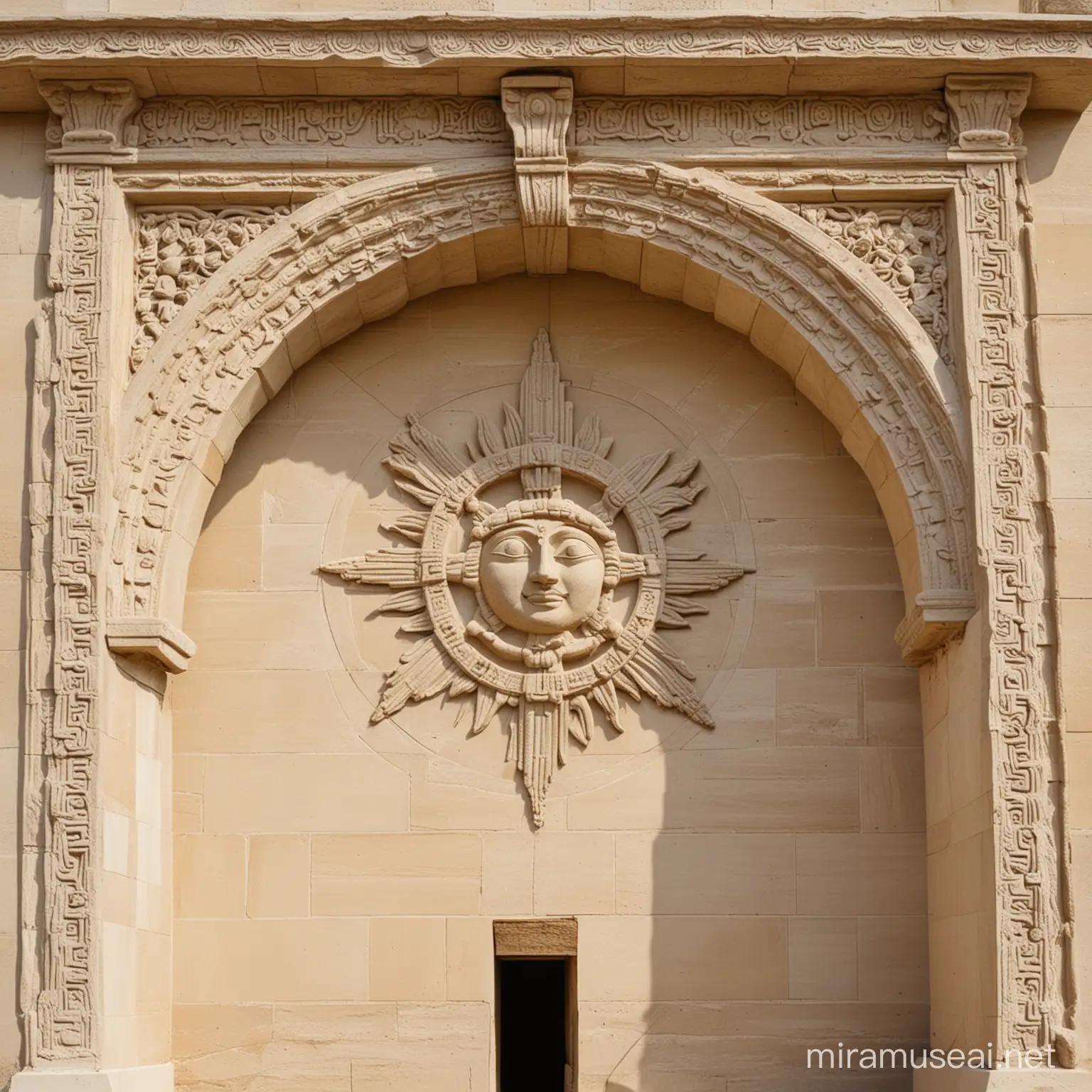 Ancient Beige Limestone Temple with Sun Symbol Archway