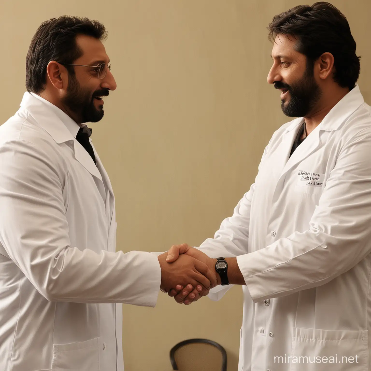 Sanjay Dutt and Arshad Warsi Dressed as Doctors Shaking Hands