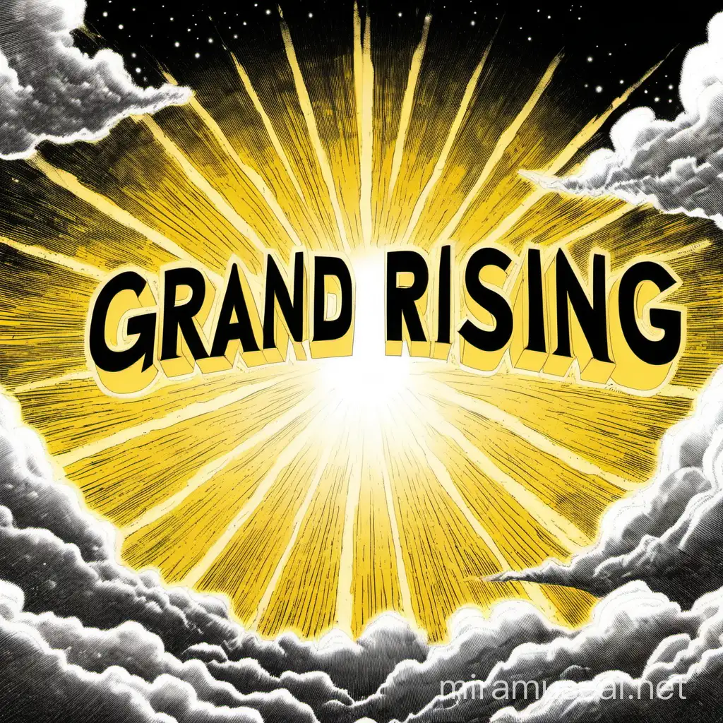 The word "Grand Rising" in the sky with the sun in the background is yellow and everything else is black and white