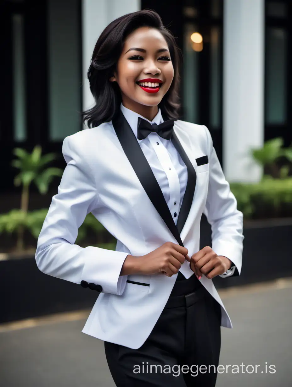 Beautiful dark skinned thai woman with shoudler length hair and lipstick wearing a tuxedo with a white  jacket.  Her shirt is white with double french cuffs and a wing collar.  Her bowtie is black.  Her cummerbund is black.  Her pants are black.  Her cufflinks are black.  She is smiling and laughing.  She is crossing her arms. Her jacket is open.  