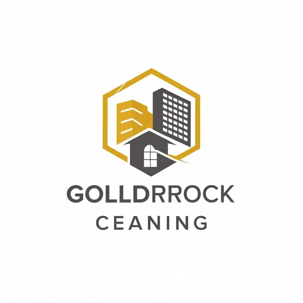 logo, modern single layer house and building in a hexagon for cleaning business white background, with the text "goldrock cleaning", typography, be used in Construction industry