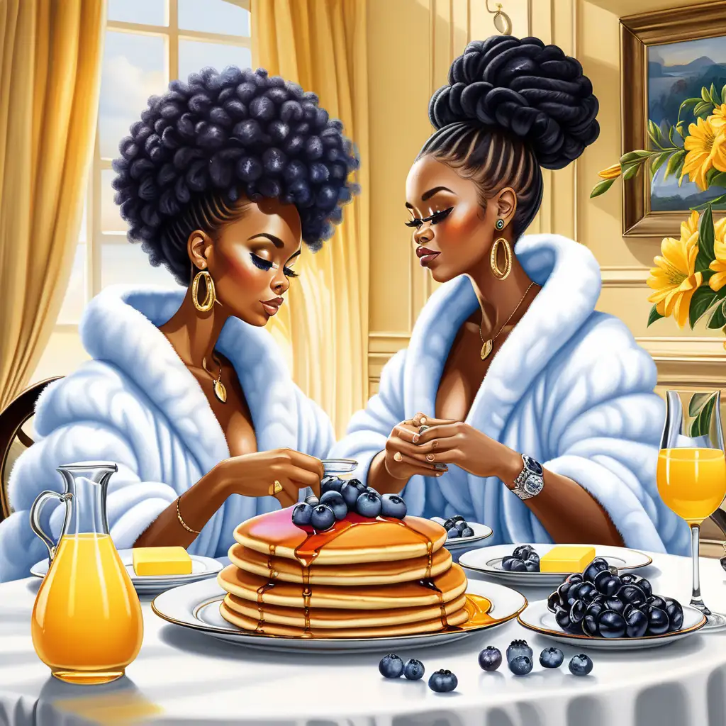 
Shiney vector art painting, Two beautiful black thick women with black beautiful natural  hairstyle, wearing white fluffy robes in an luxury Style decorated dining room. With On the table is a large stack of fluffy pancakes on a plate, drizzled with blueberry syrup and topped with a melting pat of butter. With mimosas on the table


