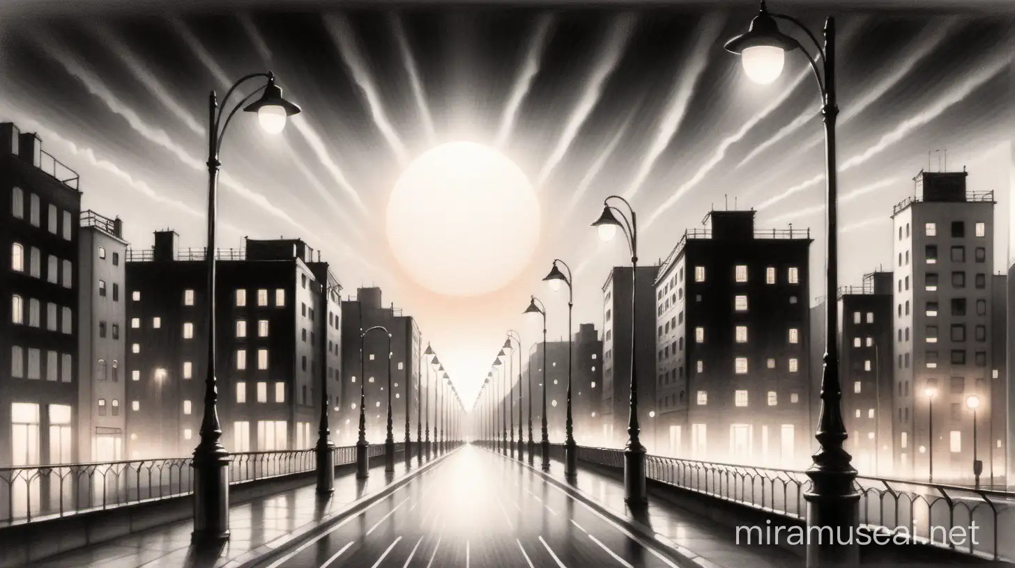 perfect city scape with setting sun behind and soft lights starting to switch on in buildings and streetlamps in the foreground. abstract soft black, white, and grey pencil sketch tones