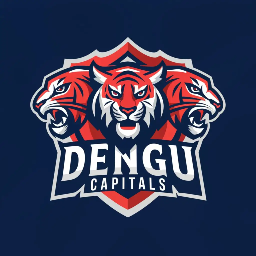a logo design,with the text "Dengu Capitals", main symbol:3 tigers with Blue and red combo in a crust,Moderate,be used in Sports Fitness industry,clear background