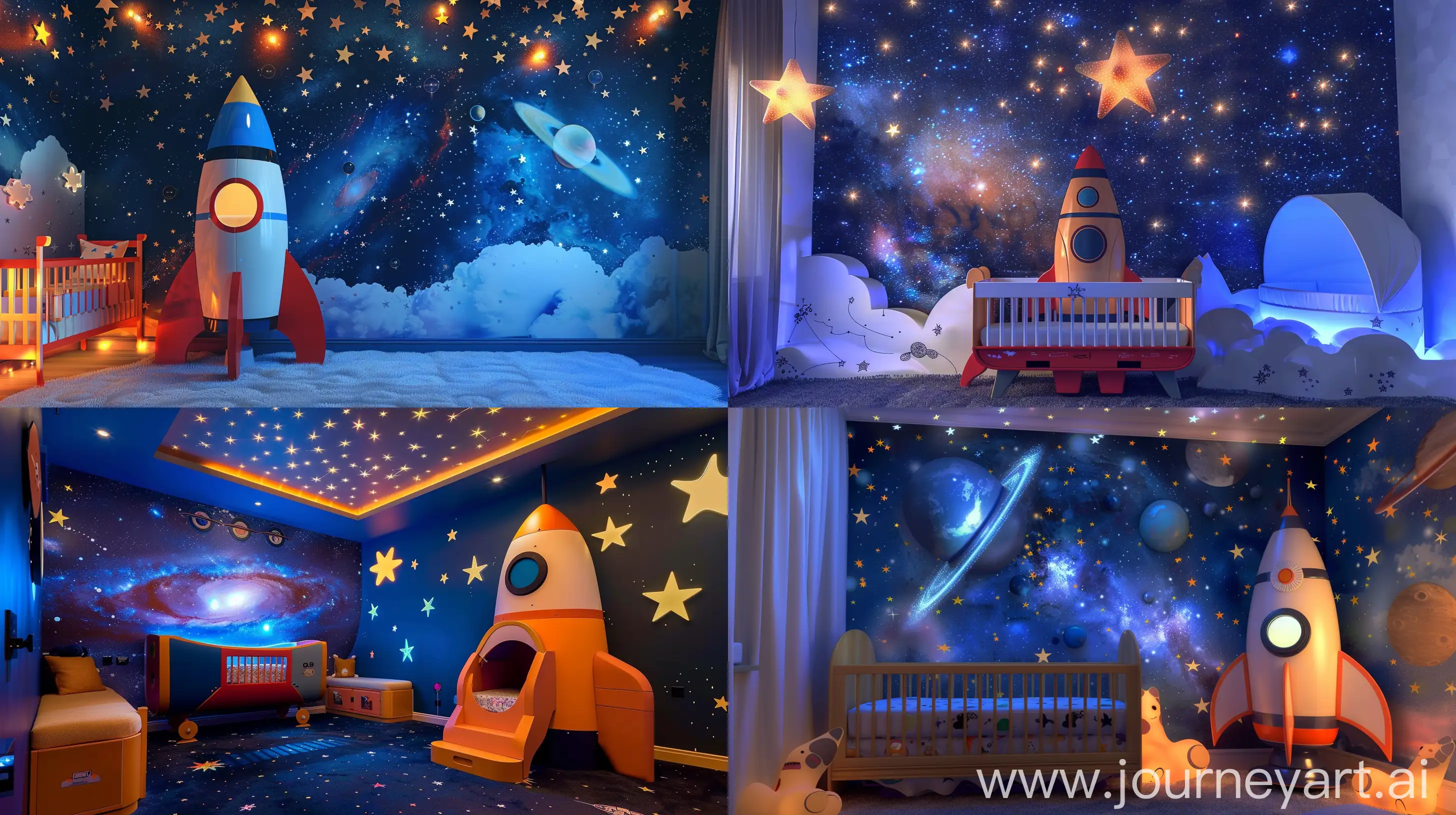 Space Adventure: Nursery Room with Rocket Ship Crib, Galaxy Wall Mural, and Glowing Star Ceiling Lights. --ar 16:9