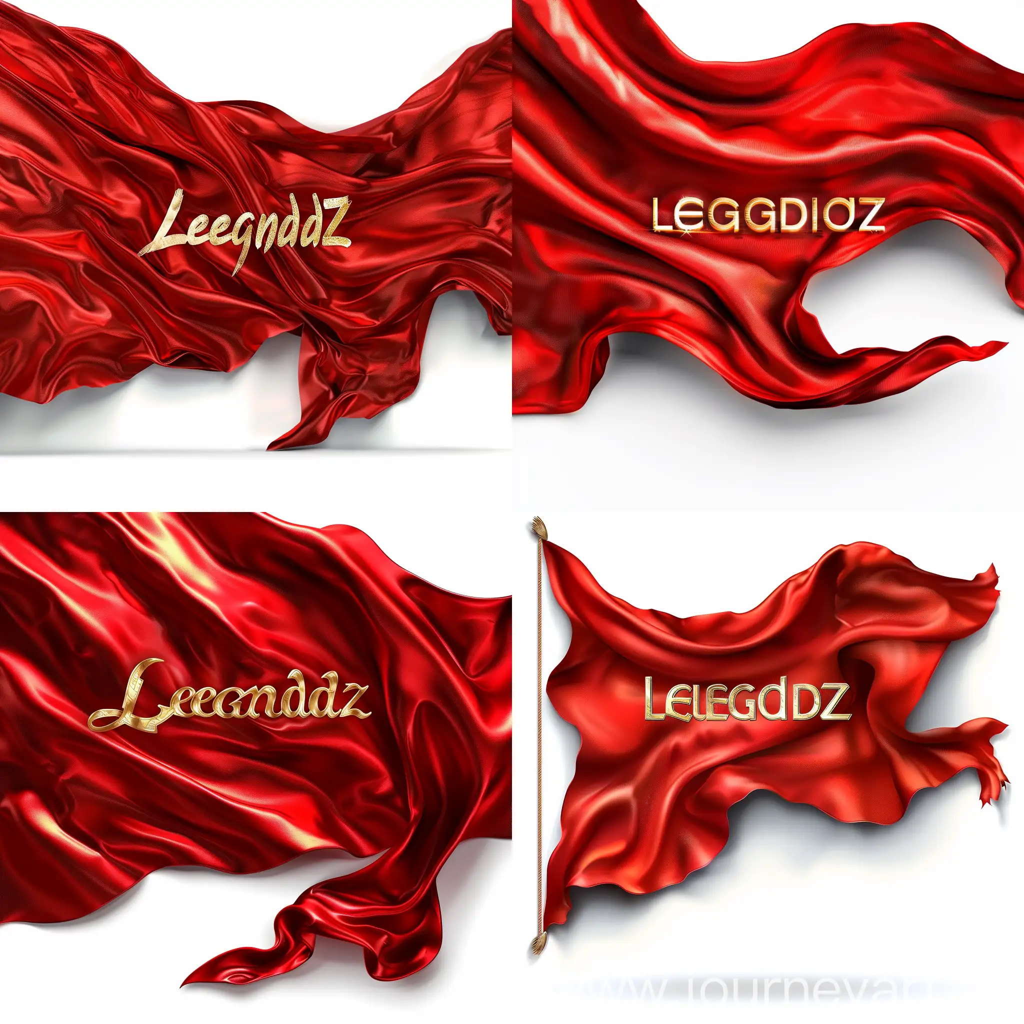 A red silk banner waving in the wind. On a white background. The word 'Legendz' is emblazoned across the center in gleaming gold letters.