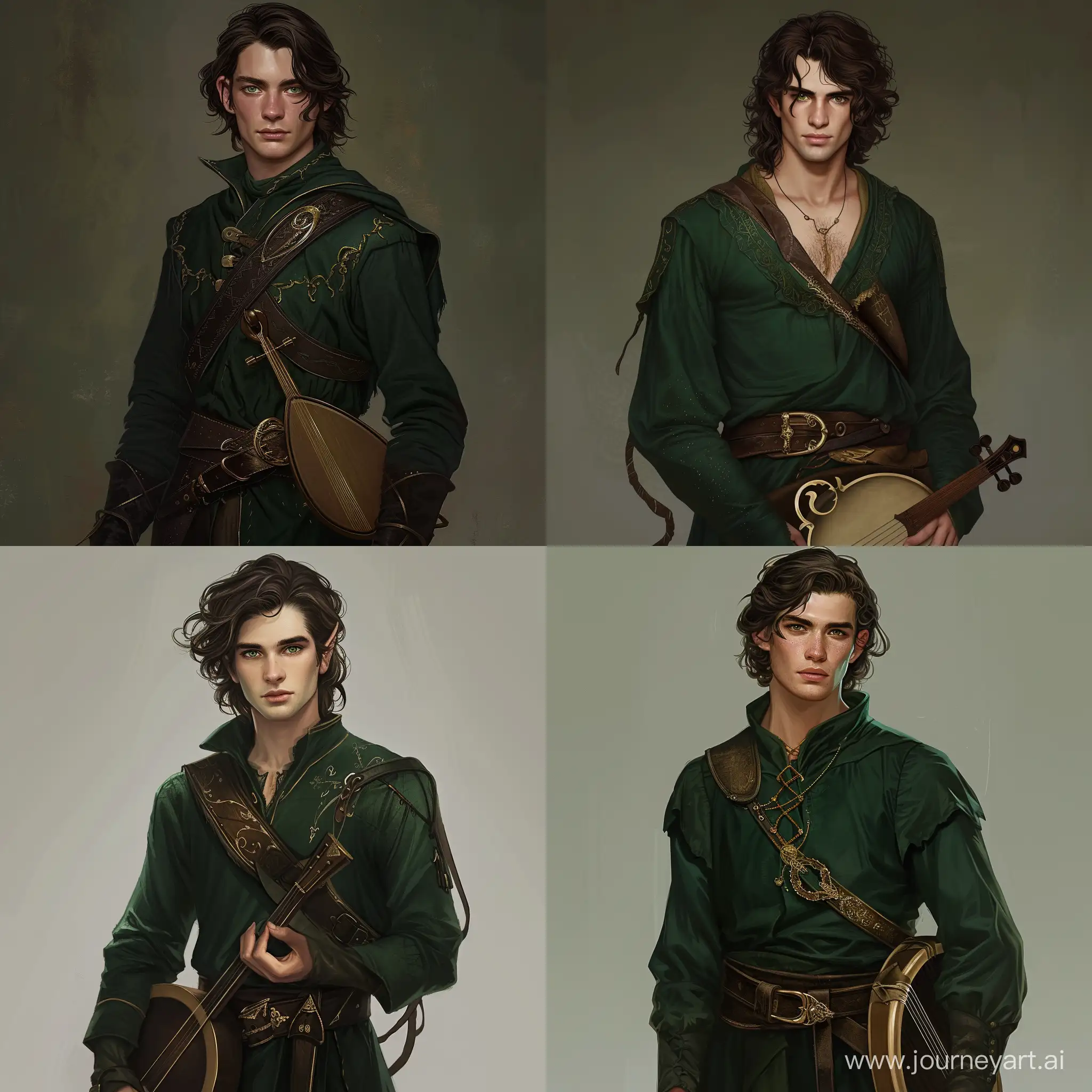 make a man, a 26-year-old man with dark brown medium-length hair, medium height, with green eyes, dark green clothes and a lyre on his belt, in the style of magic and Scandinavia
