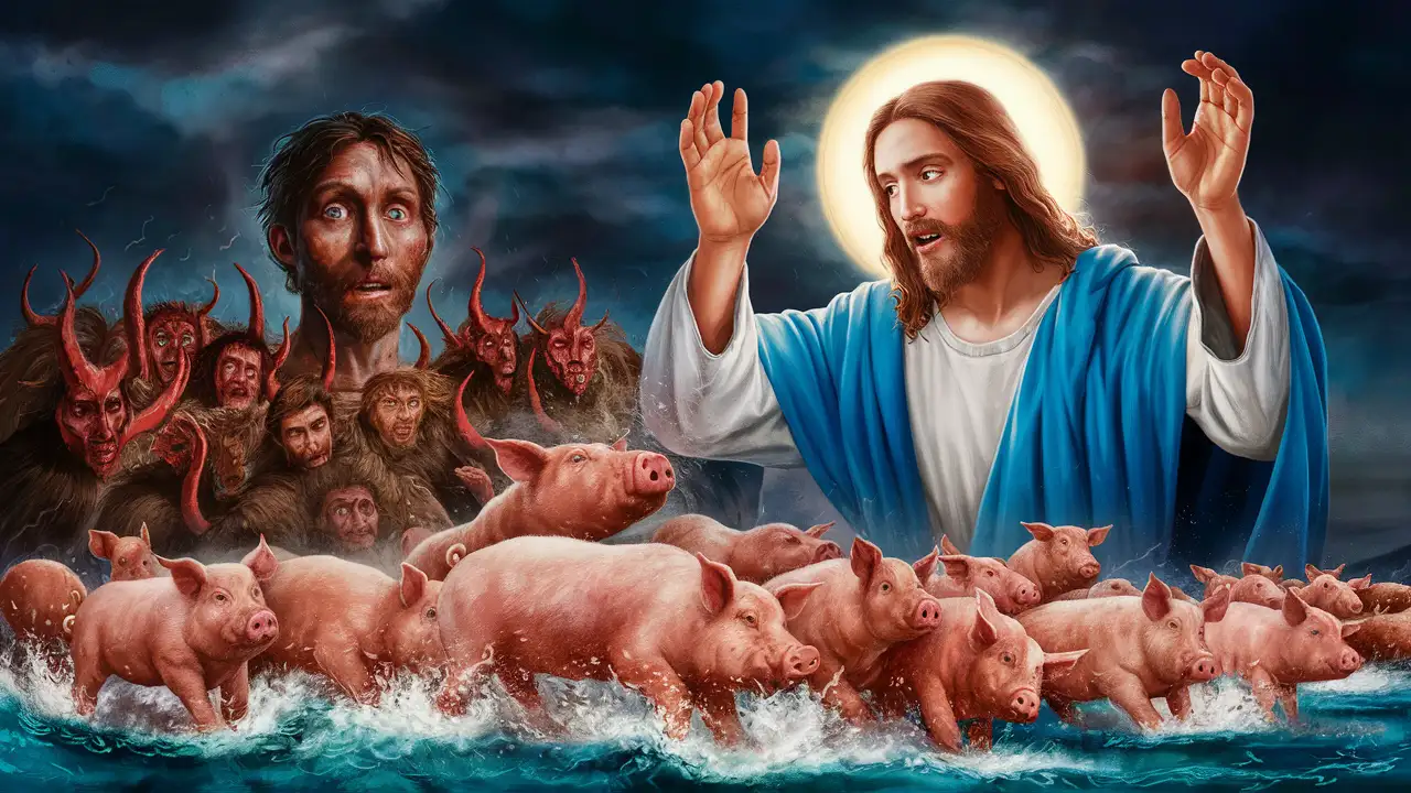 "Illustrate the moment when Jesus confronts the legion of evil spirits, compelling them to leave the possessed man and enter a herd of pigs. Capture the tension and power in Matthew 8:28-34." ultra hd 8k images