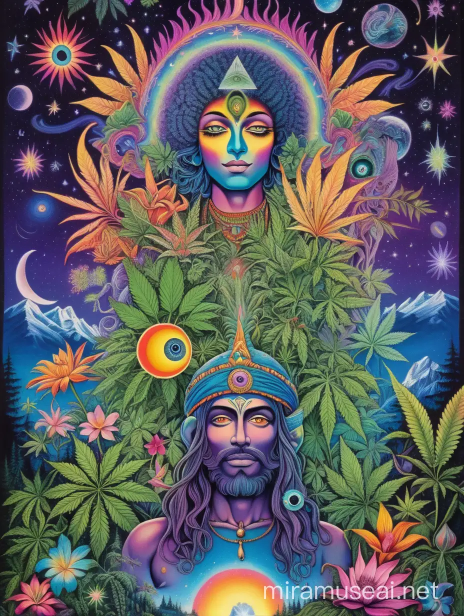 Psychedelic colors and patterns, a jungle of cannabis, flowers, waning crescent, at clear night skies with stars, bright, vibrant colors with an exotic men & woman just upper body with the all seeing third eye up front
