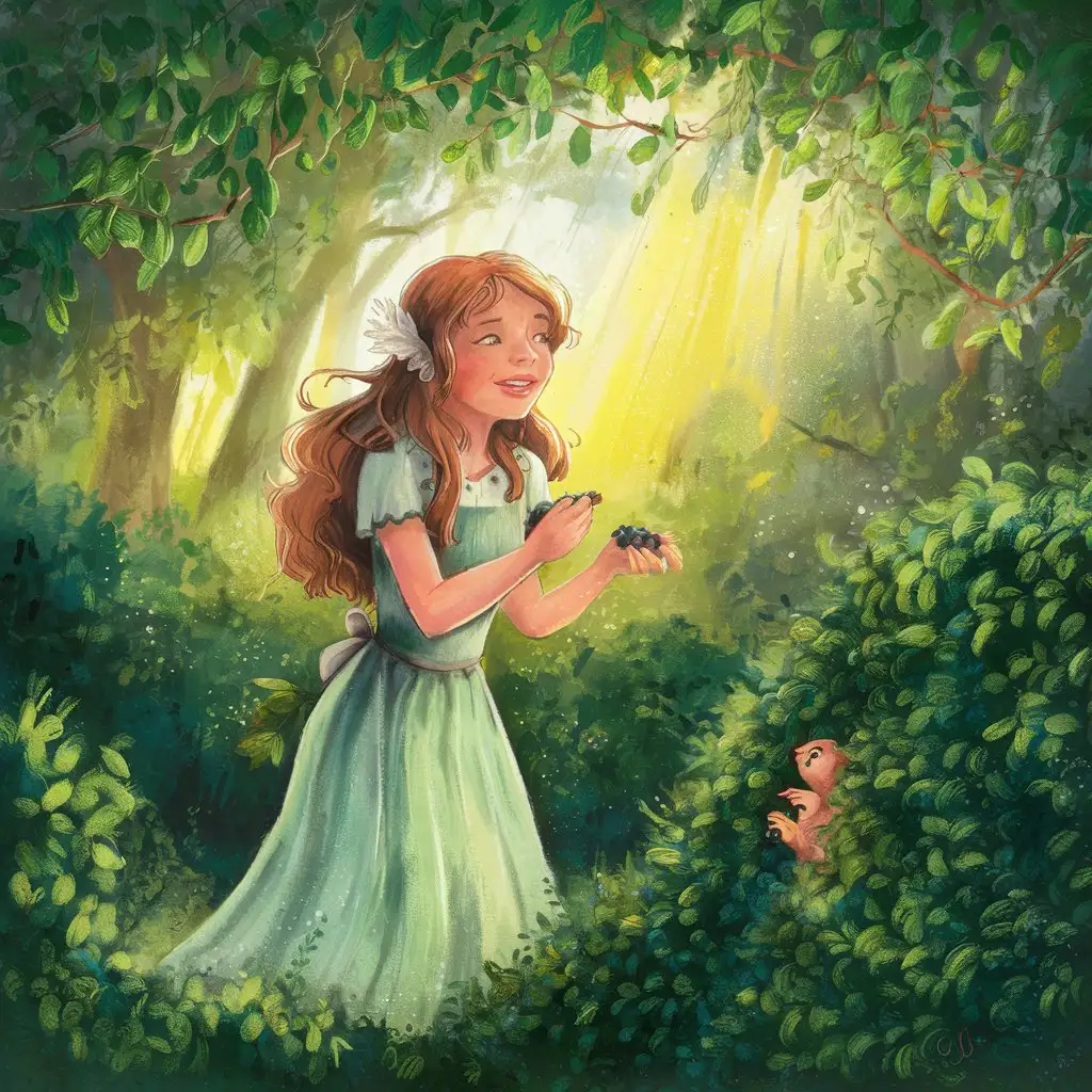In the heart of the forest, where the sunlight danced through the leaves like golden fairies, Rose hummed a tune while picking berries. Suddenly, a rustling in the bushes caught their attention.

"What's that?" Rose wondered aloud, approaching the source of the sound.
