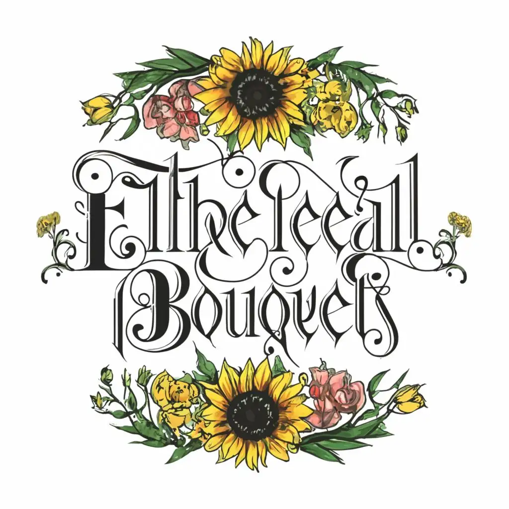 classy logo, Grungy logo in old English cursive with sunflowers, BLACK roses and BLack tulips, with the text "Ethereal Bouquets", typography, be used in Gothic industry.