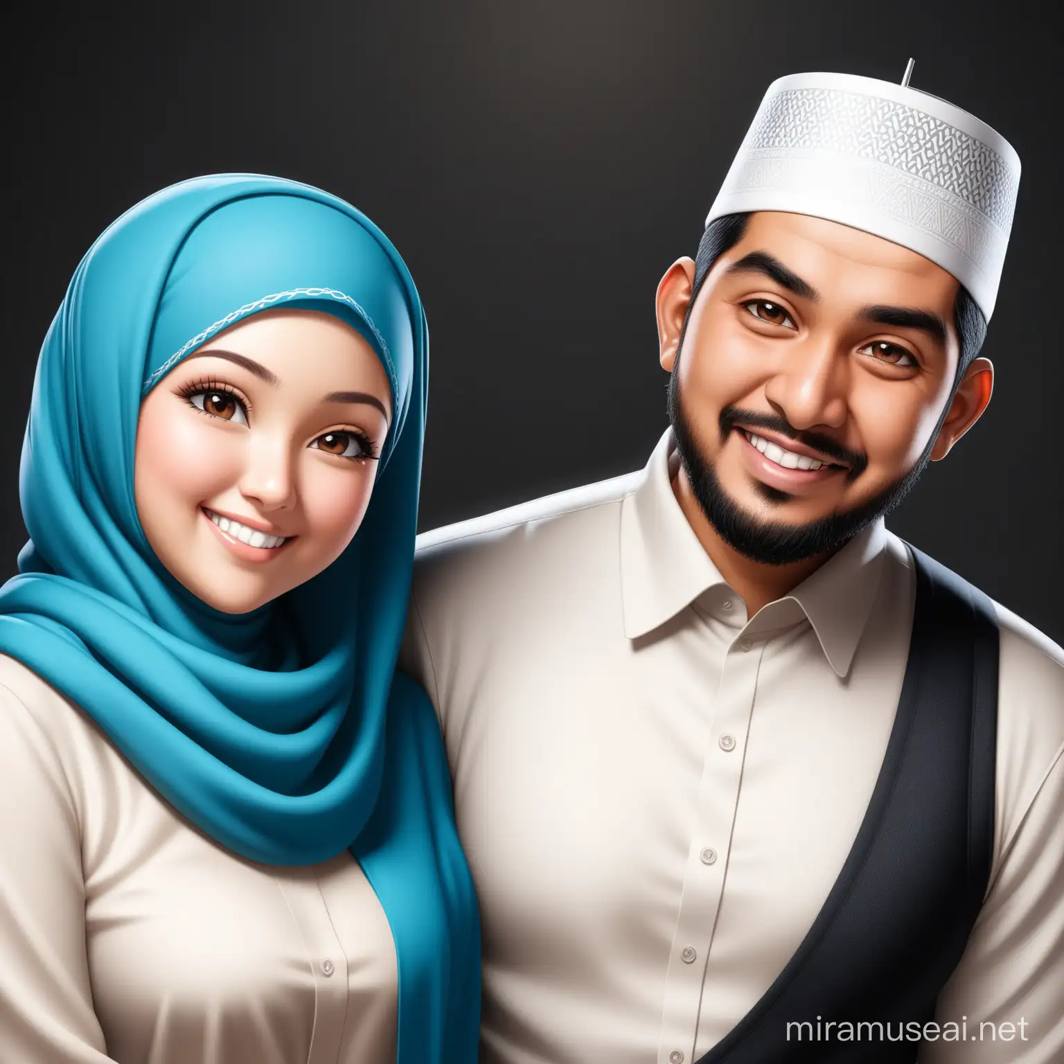 Realistic Muslim Couple Smiling Together in Black Photography Portrait