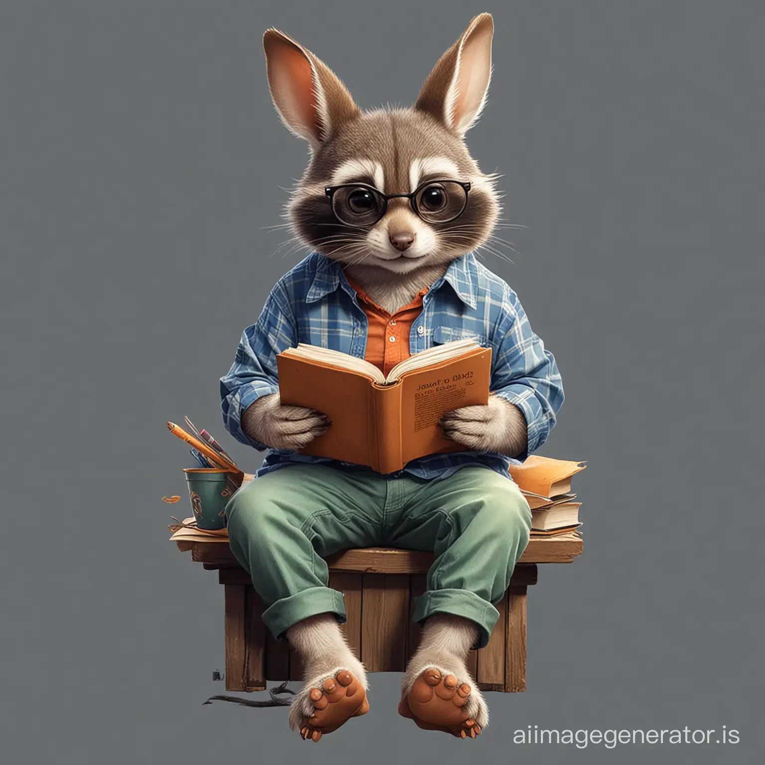 raccon and lapin, oiseaux , chat  over him read book and sitting design to do it in a shirt
another one with different posture and colors