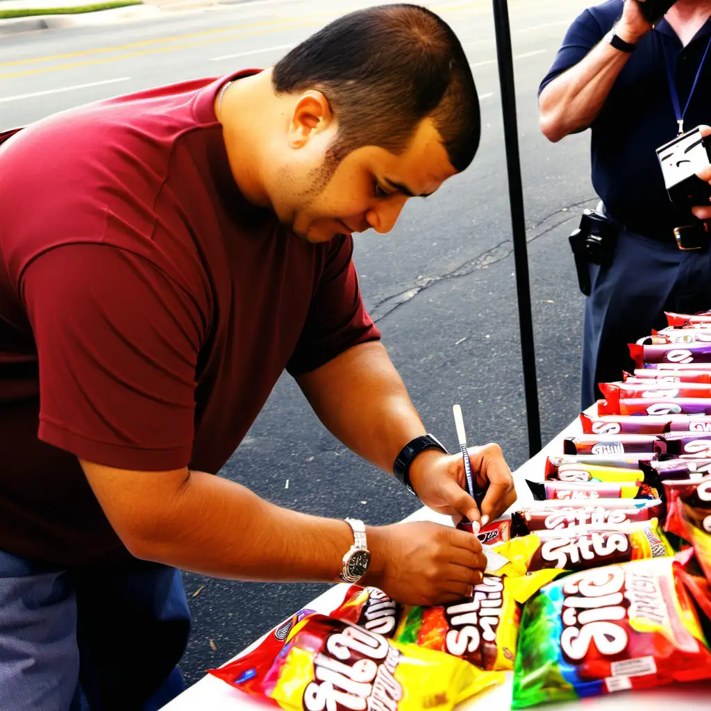 George Zimmerman signing a his autograph on a bag of skittles

