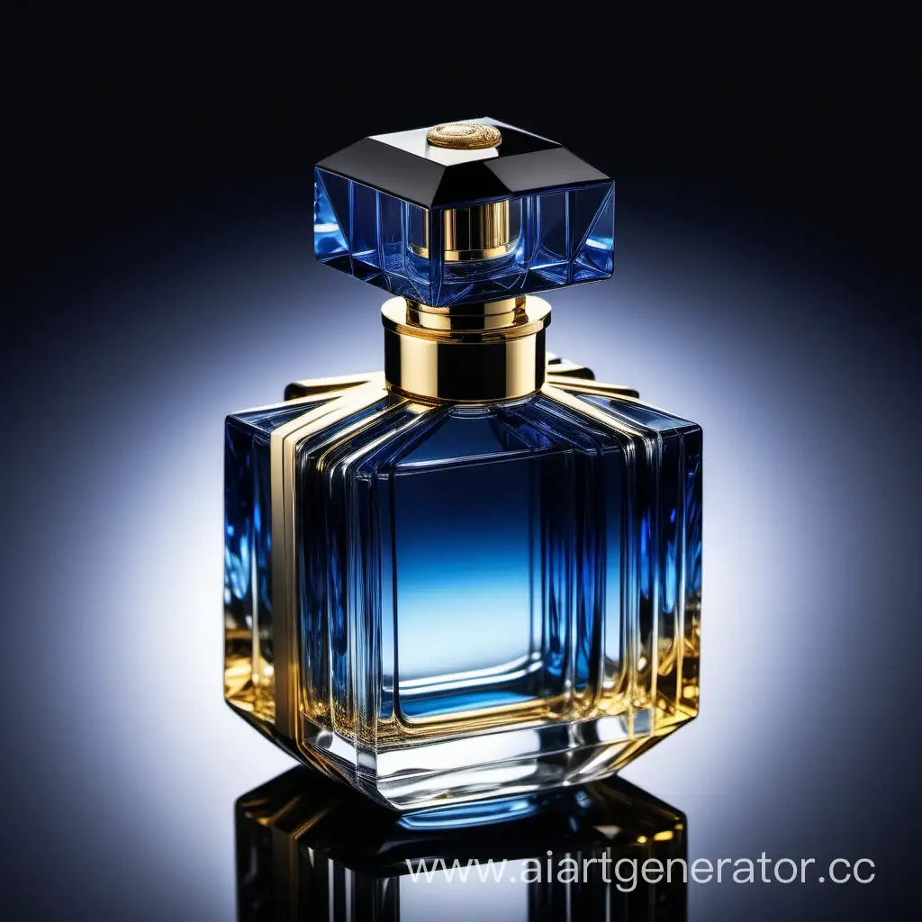 a crystal clear perfume bottle made of blue ,black and gold
transparent