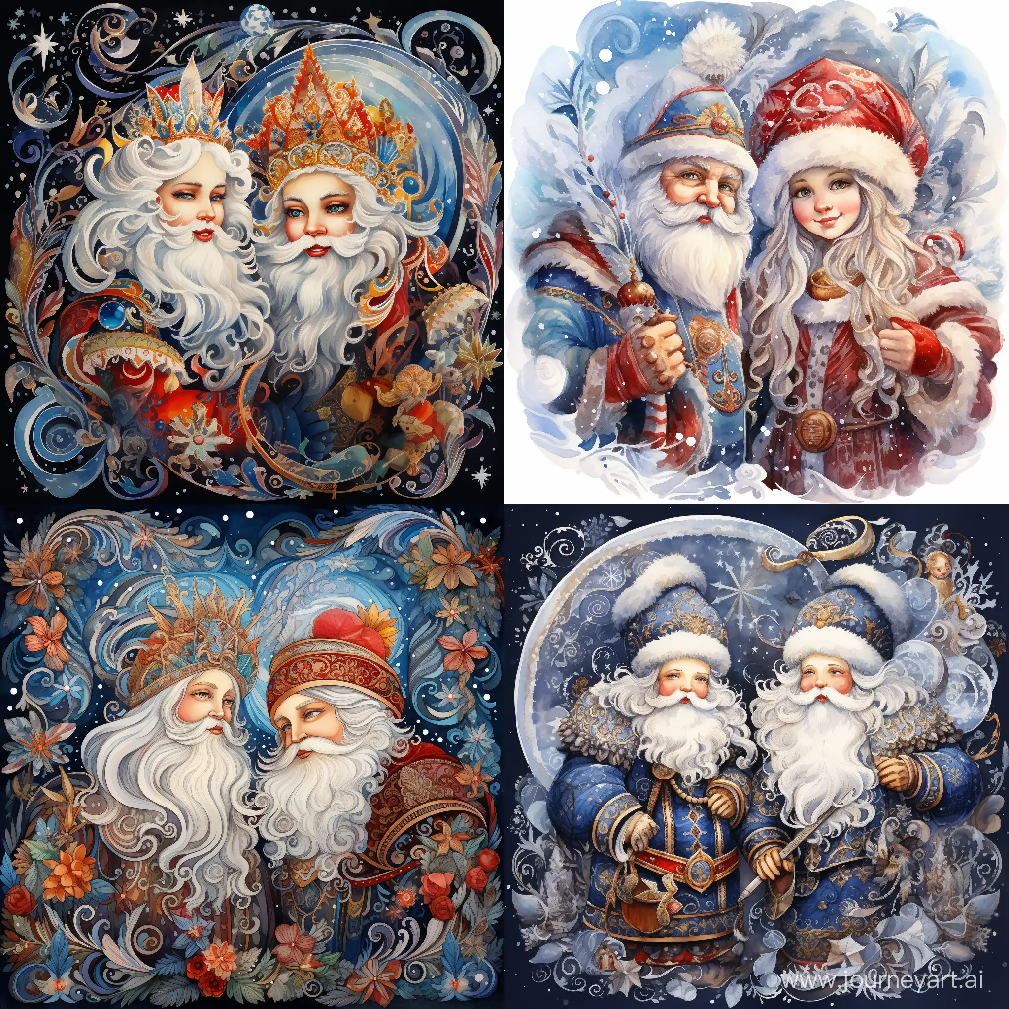 Russian-Ded-Moroz-and-Snegurochka-Celebrate-New-Year-Festive-Aerography-Illustration