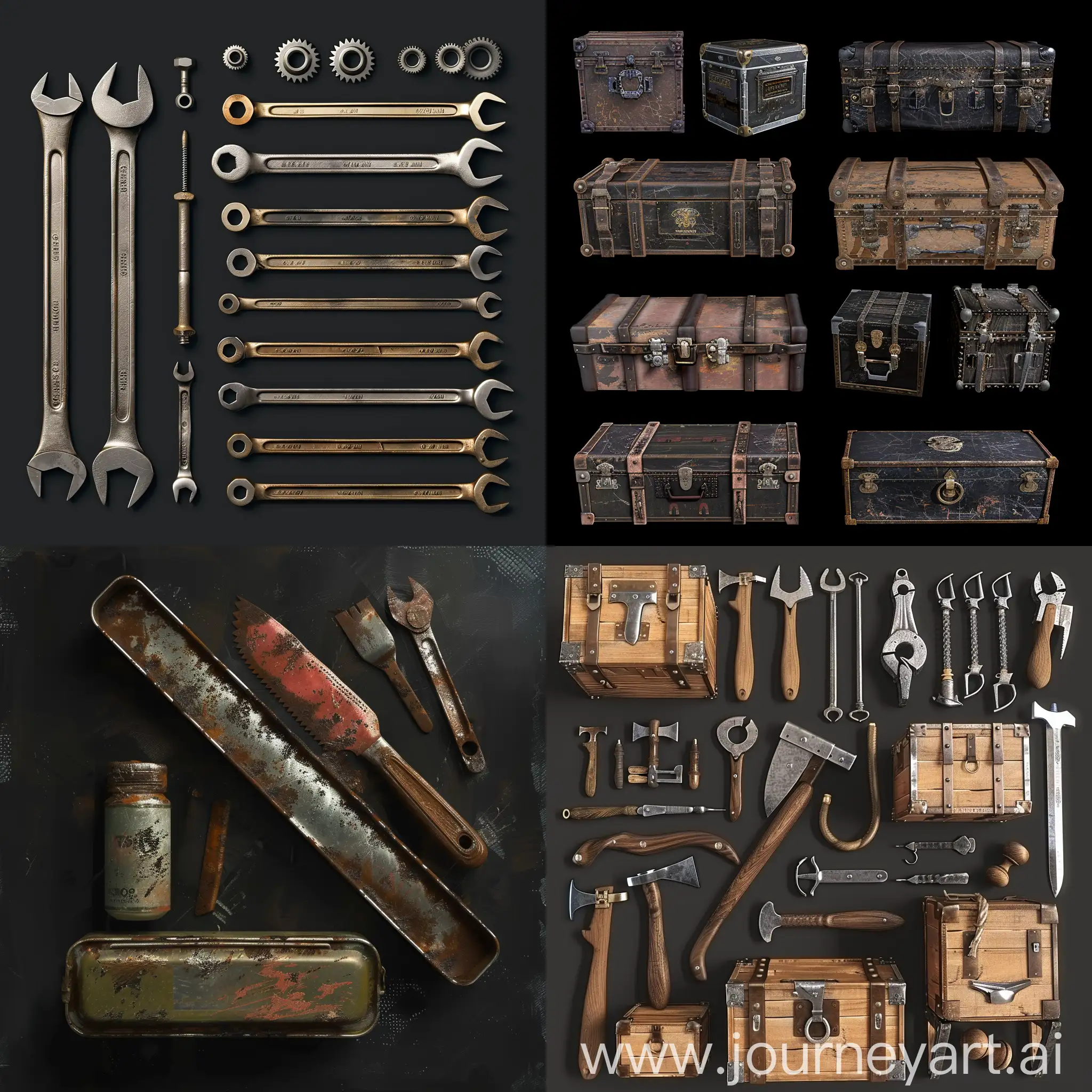 realistic photo of isometric set of old worn repair tool kit instruments simple metal boxes in style of made in blender 3d asset, isemetric set, orthographic projection :: black background --chaos 20