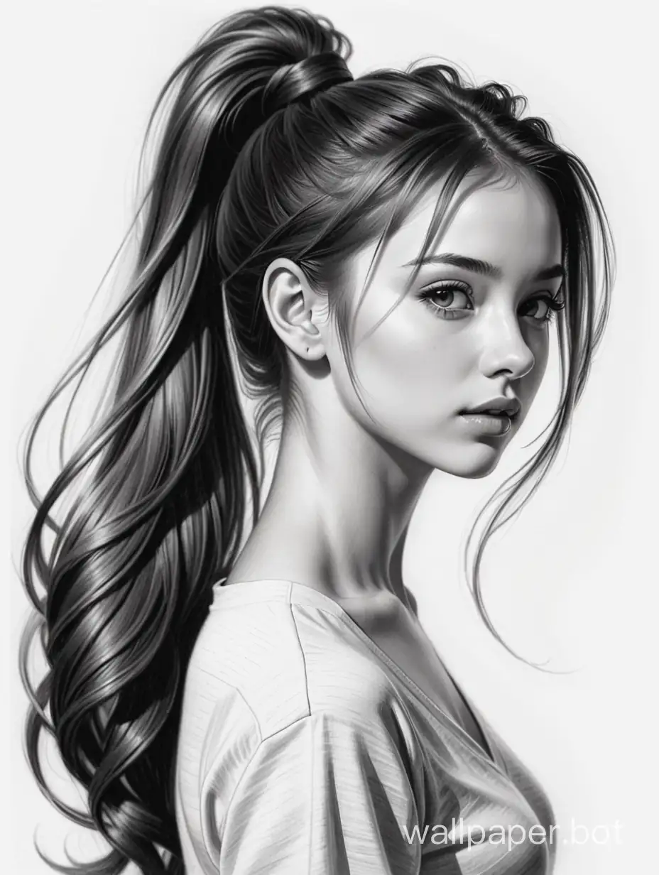Portrait. Realistic drawing, pencil sketch, linear art, black and white, Graceful sophisticated girl, hair tied in a high ponytail
