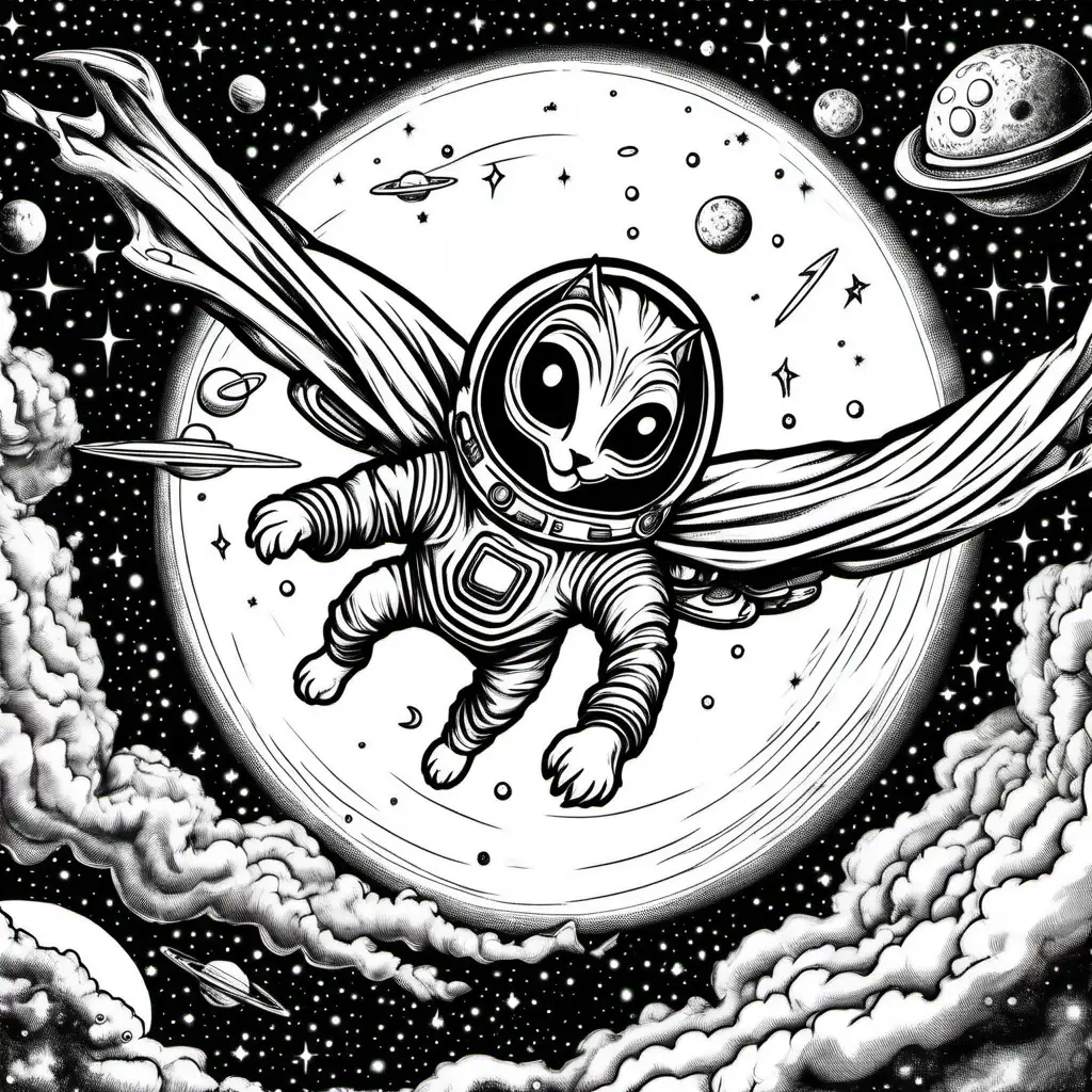 alien cat flying in space, dark lines, no shading, coloring pages for children
