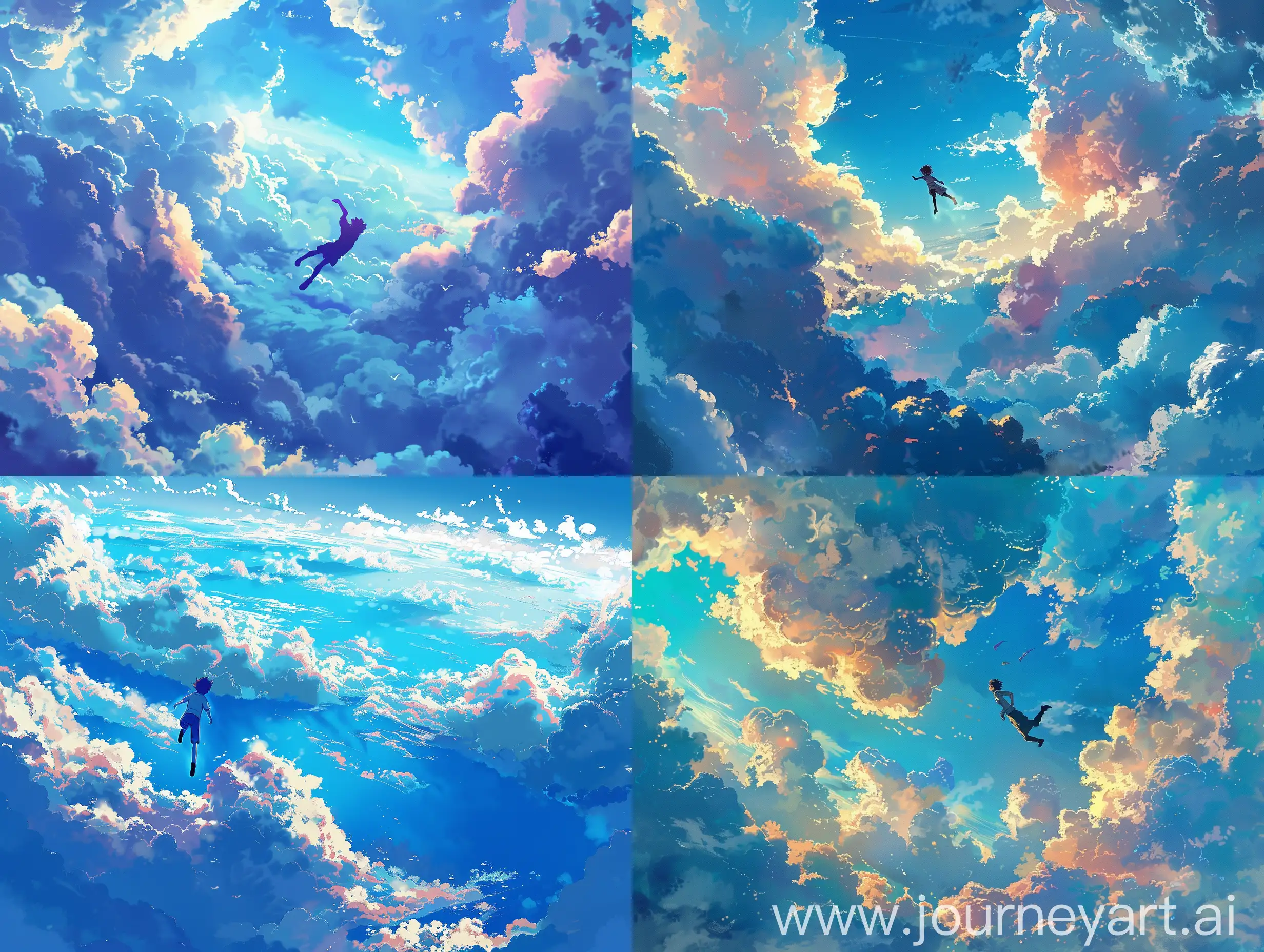 person falling from the sky through an ocean of clouds, blue untertone, in the style of makoto shinkai Kimi no Na wa, detailed, 4k, textured clouds, colorful clouds