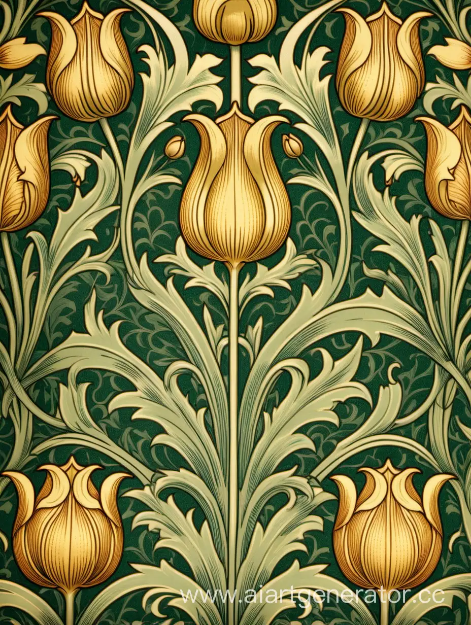aesthetic, art nouveau, decorative, design, detailed, floral, historic, HQ, ornamental, pattern, retro, textile, vintage, wallpaper, William Morris tulip in gold colors ON green background