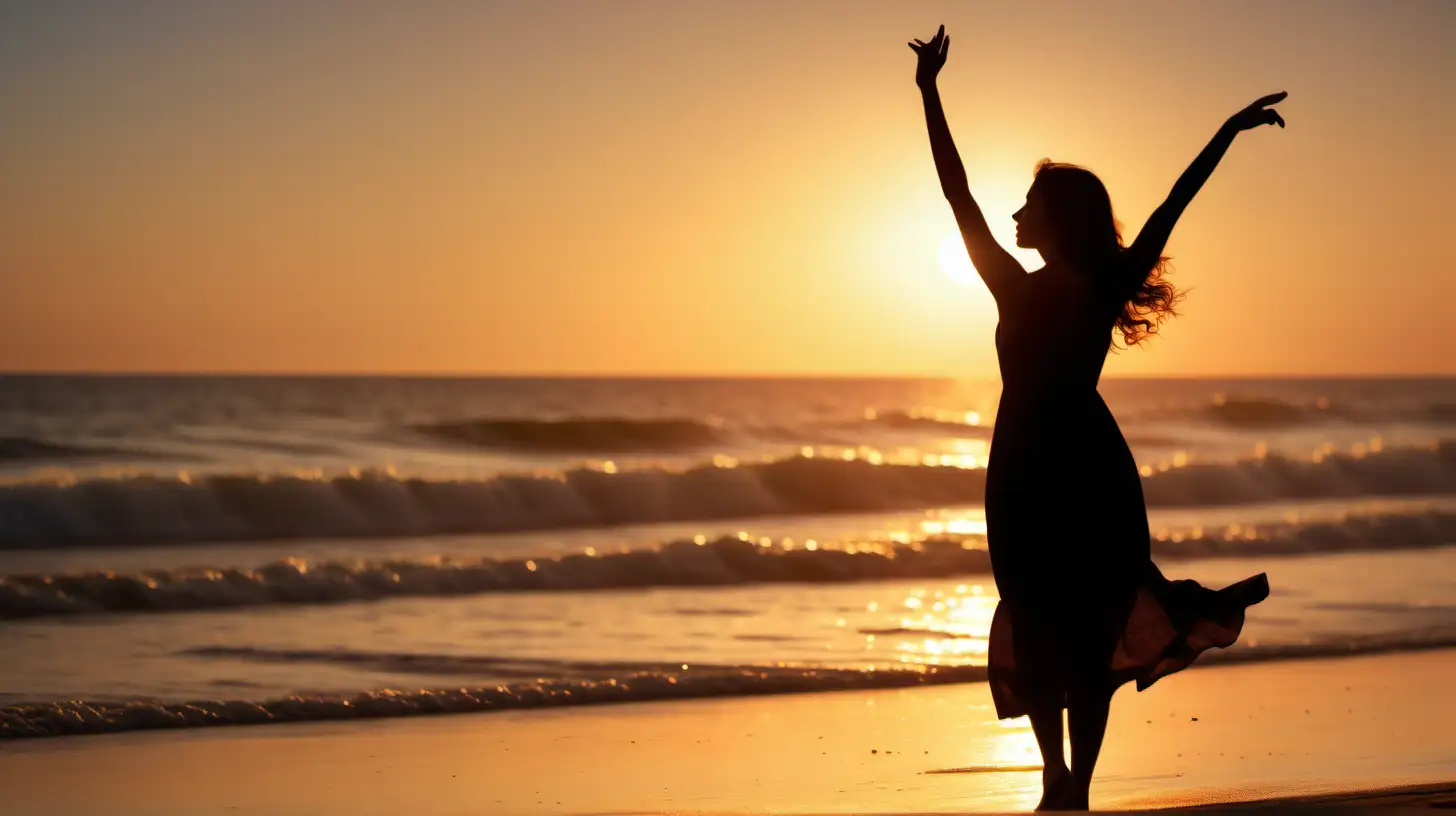 Tranquil Sunrise Beach Celebration Serene Woman Silhouette in Elegant Summer Dress