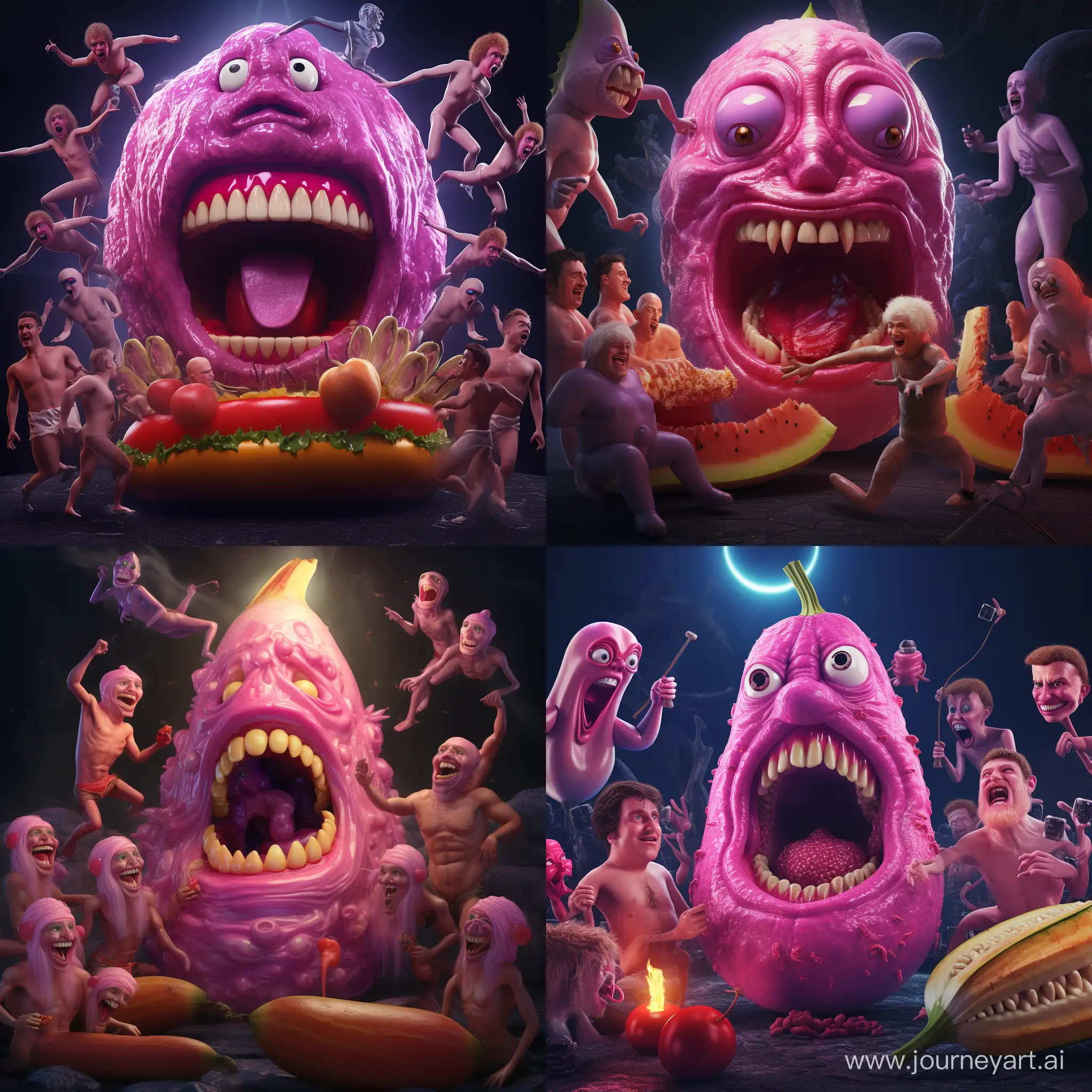 a pink banana with glowing purple flesh eaten by a human ant with swven arms and theres a burger king in the background and evedyone has melons instead of heads