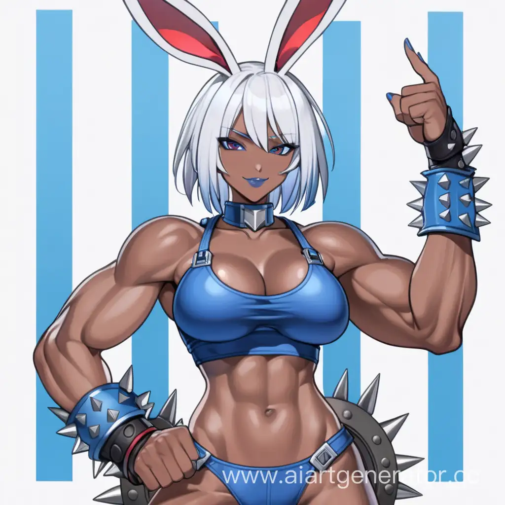 Field, 1 Person, Women, Human, White hair, Long Rabit Ears, Short hair, Spiky Hair style, Dark Brown Skin, Blue Full Body Suit, Blue Body Armor, Chocer,  Blue Liptsick, Serious smile, Big Breasts, Scarlet Red eyes, Sharp Eyes, Flexing Muscles, Hard Abs, Toned Abs, Big Muscular Arms, Big Muscular Legs, Well-toned body, Muscular body, 