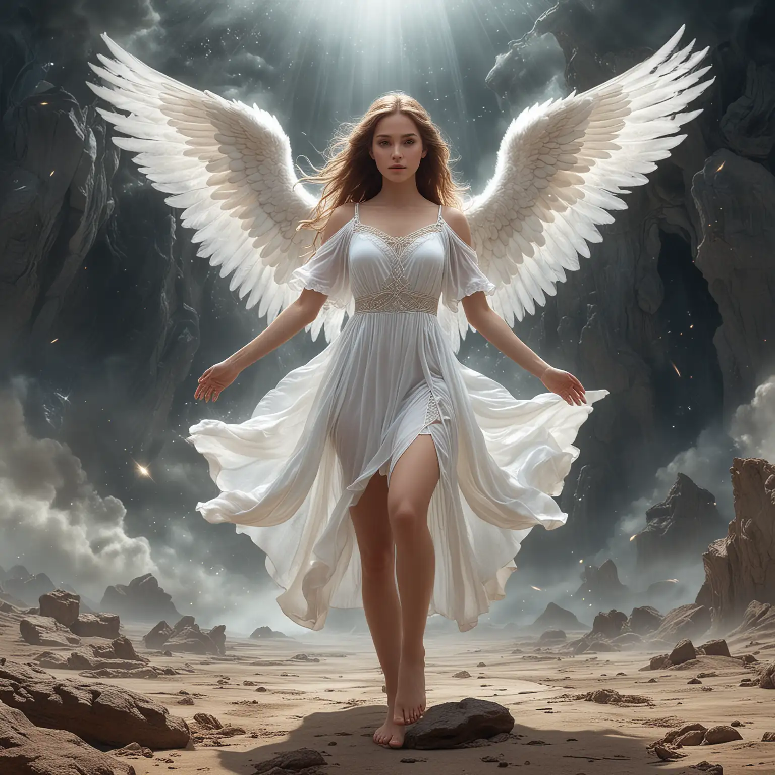 Very pretty ethereal Guardian female angel hovering above ground in mysterious vast otherworldly inner earth, whole body, perfect ethereal outerworld pretty angel face, perfect encompassing pretty face, whole angel body, whole body, whole body, long decent angel dress, perfect legs, perfect hands with perfect five fingers, angel sandals, photorealistic digital art.