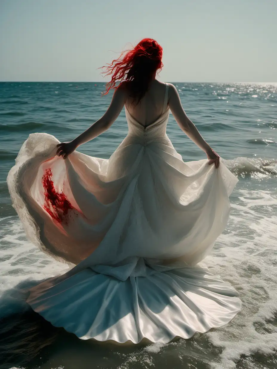 Μια ηθοποιός με γυρισμένη την πλάτη μπαίνει στη θάλασσα και η θάλασσα γύρω και πάνω από το νυφικό της γίνεται κόκκινη 