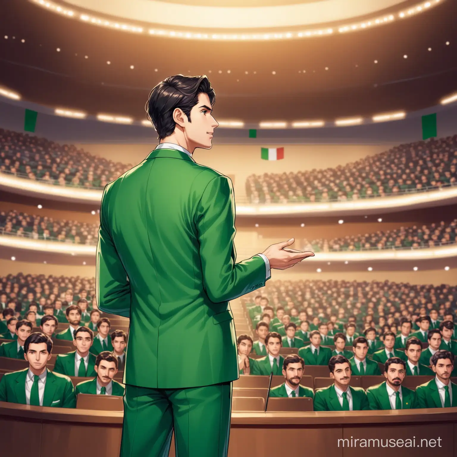 The background is a large auditorium in Italy.

The Italian flag stands on the wall of the auditorium.

A handsome gentleman in his early 20s is giving a lecture in front of many people.

This gentleman is wearing a green suit set. The shoes are black.
