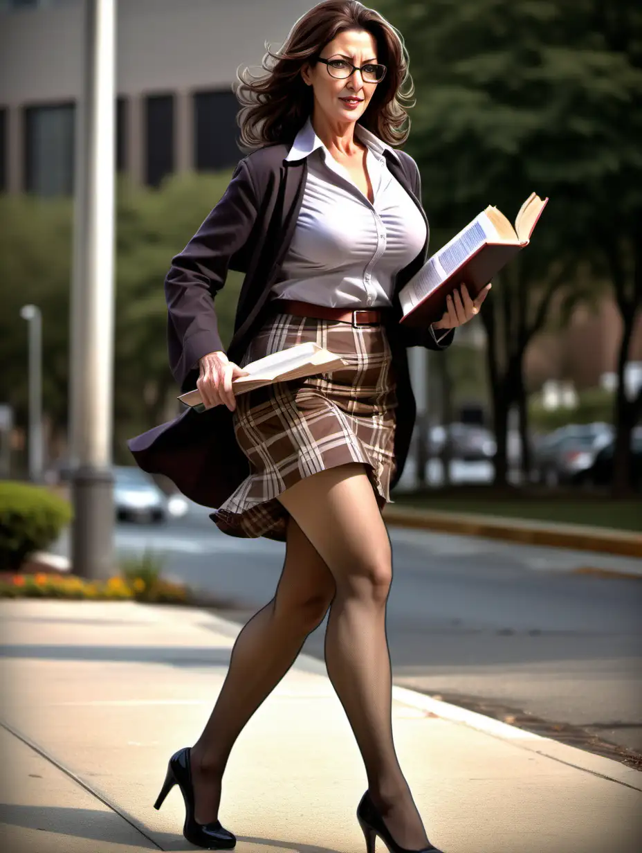 Stylish Brunette Teacher Walking to Work in Detailed Comic Art Style