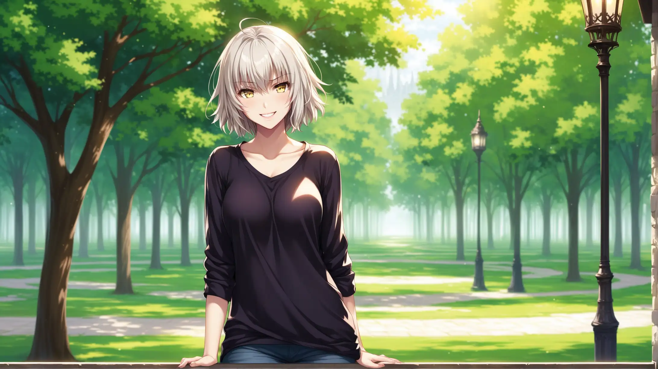 Draw the character Jeanne D'Arc Alter, high quality, natural lighting, long shot, outdoors, standing in a relaxed pose, casual clothing, smiling