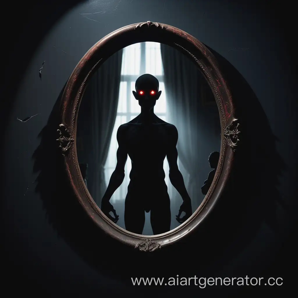 An oval mirror in the middle of a dark room, all the light on the mirror. The silhouette stands in front of the mirror. The body is thin, disfigured, not human, the fingers are long, gnarled with sharp claws.  The creature is looking at you through a mirror. Only part of a broken, distorted nose and one bright red eye are reflected in the mirror. Shadows that resemble human silhouettes are tearing out of the darkness