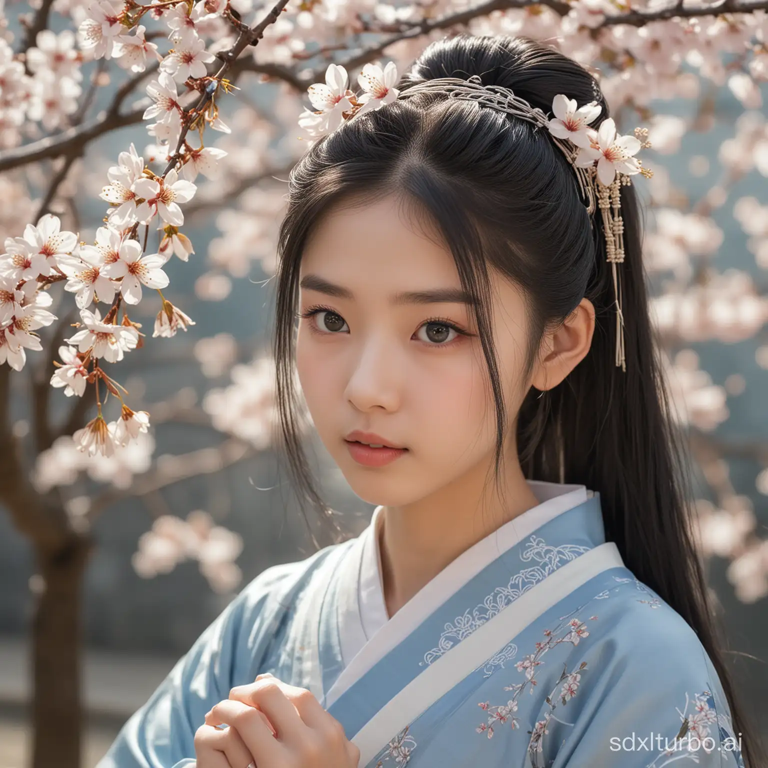 A young girl, with very fair complexion, has a pointed face, slender, sideways watching flowers, with long and black hair half tied up, adorned with a hairpin, faint and long eyebrows. The gray-blue pupils are deep and intricate, with a high and deep nose bridge, wearing a semi-transparent white Hanfu, with slender fingers adorned with a ring, on a sunny day, watching flowers under a cherry blossom tree.