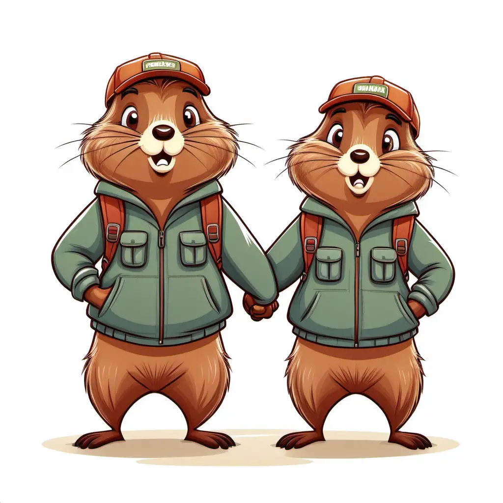 Two cute adult cartoon beavers in Hanna Barbara style in hiking clothes facing forward, holding hands at waist level, on white background