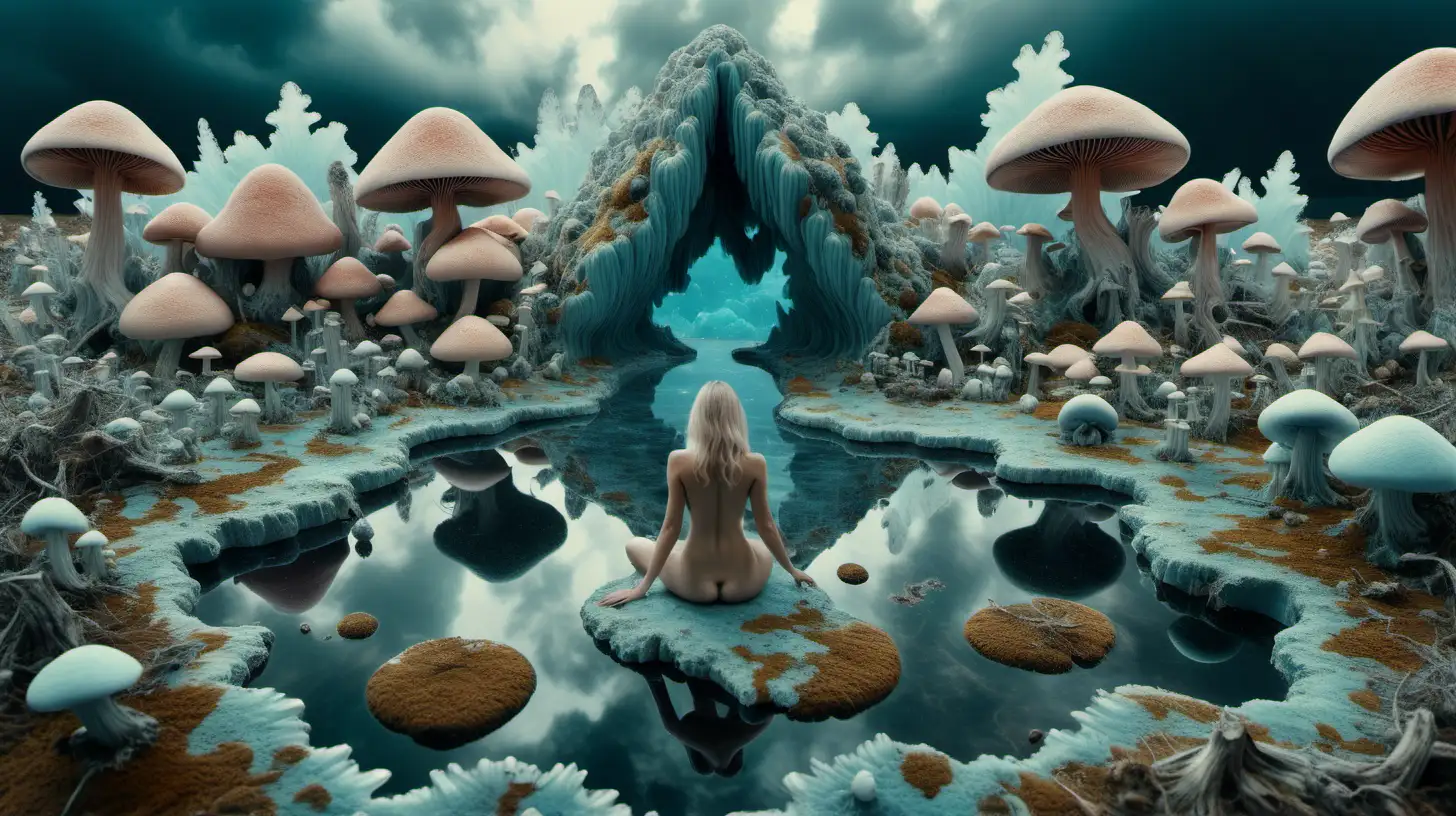 Enchanting Psychedelic Landscape with Nude Woman Moss Mushrooms and Water