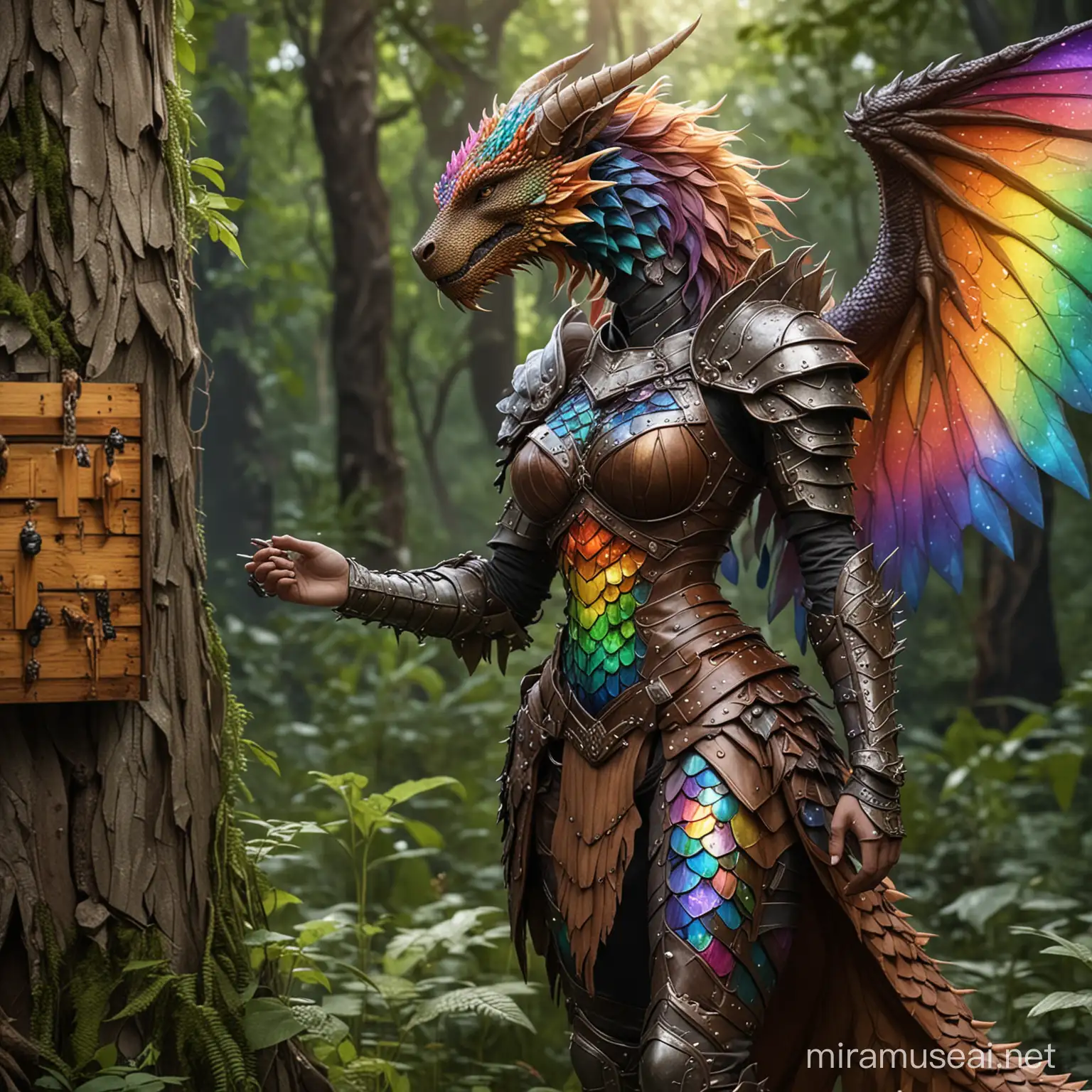 Dragon humanoid druid with rainbow scales who is wearing leather armor and checking her beehives