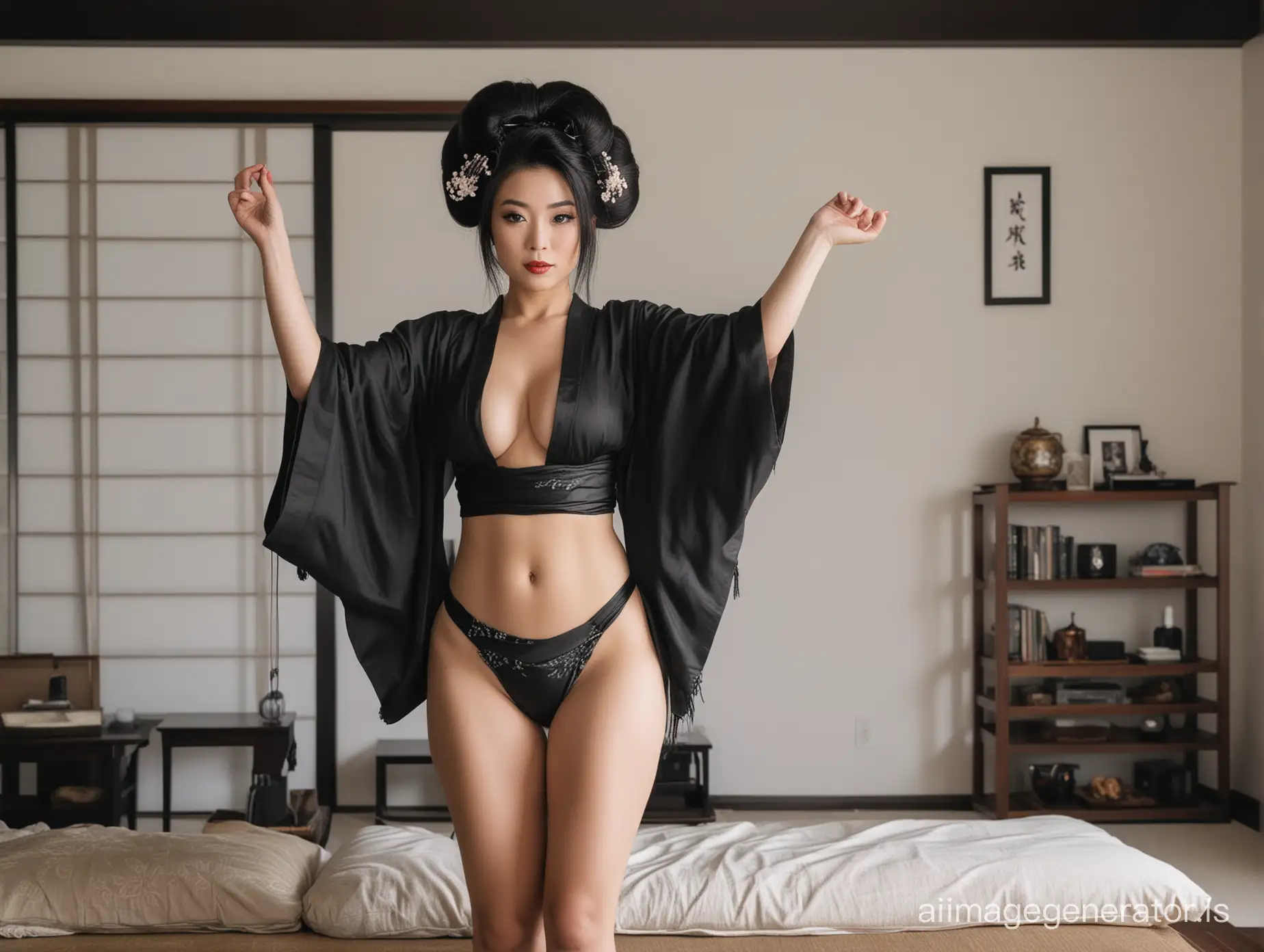 black kimono, black bikini, black geisha hair, in the living room, white skin