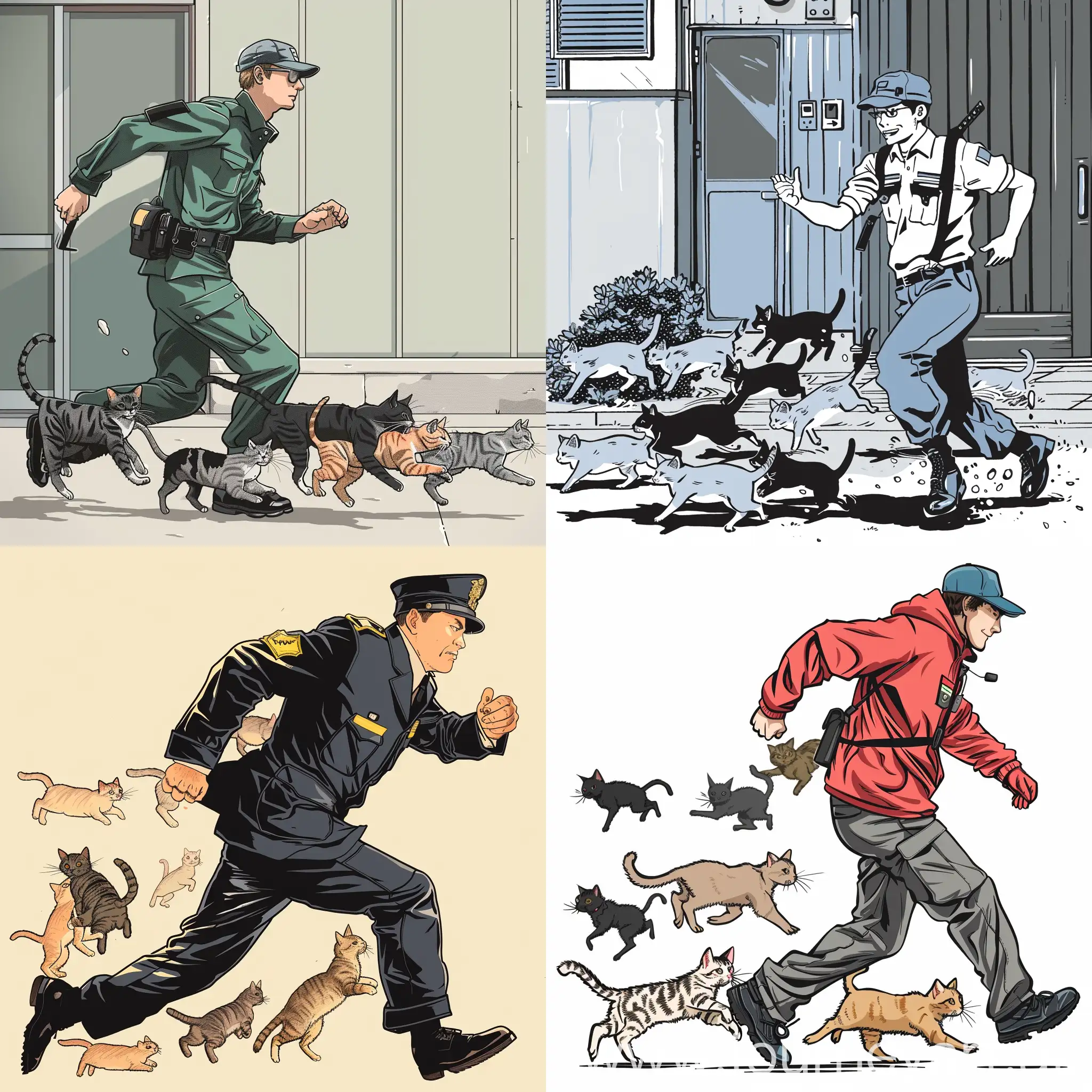 a security guard running after cats in manga comic style