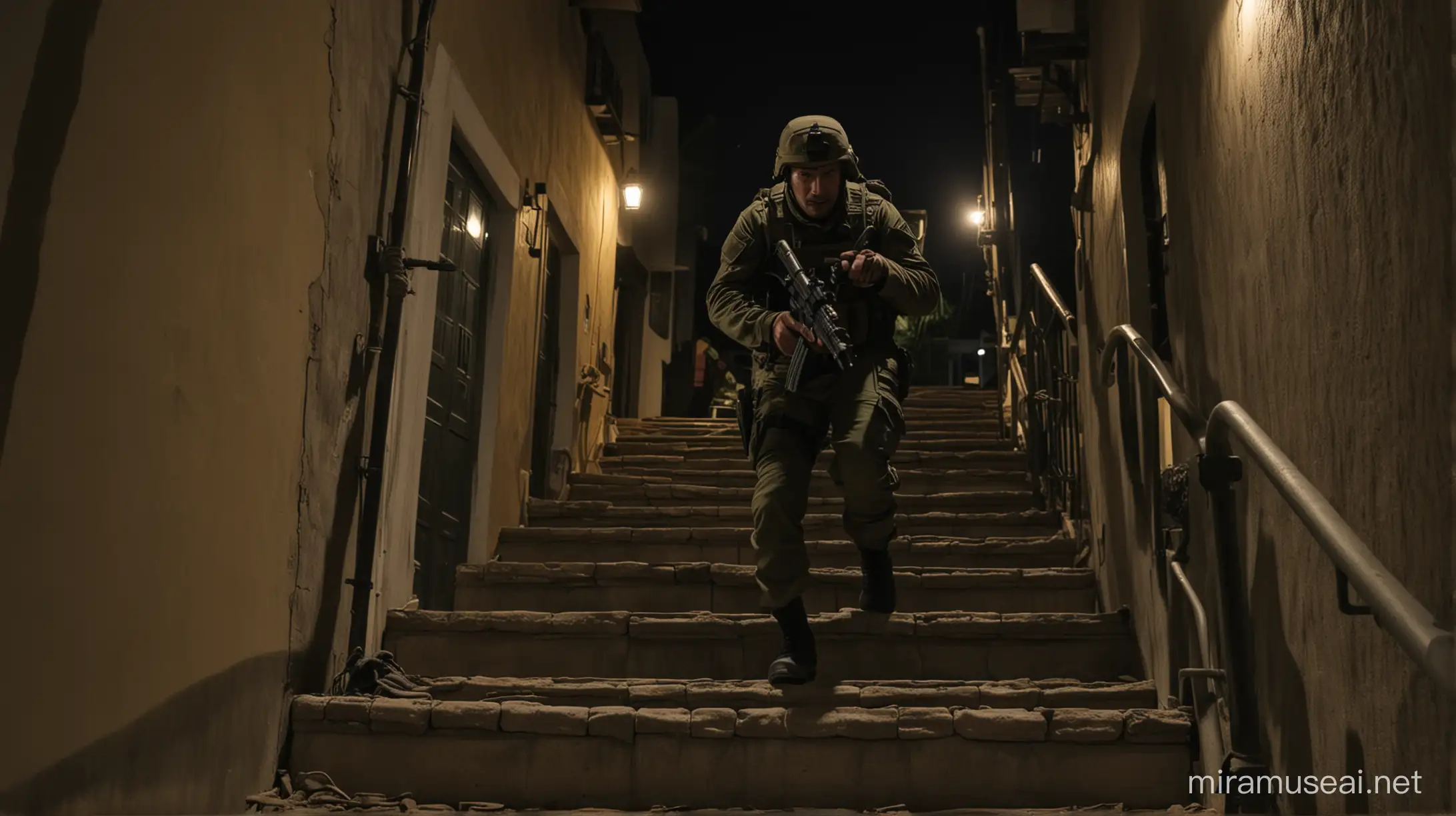commando unit climbing stairs of the house in night

