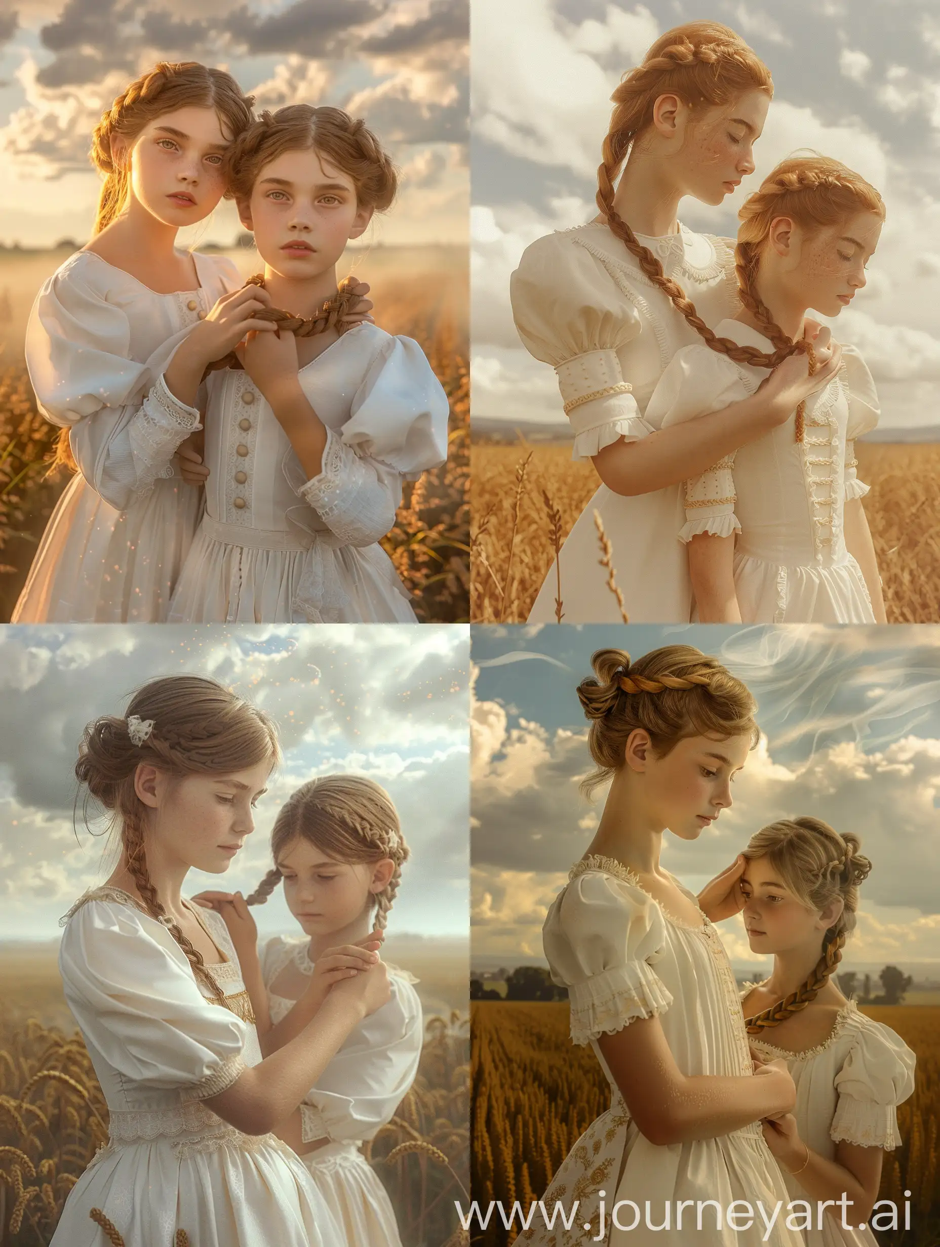 Twin-Sisters-Braiding-Hair-in-Empirestyle-Dresses-amidst-Golden-Rural-Landscape