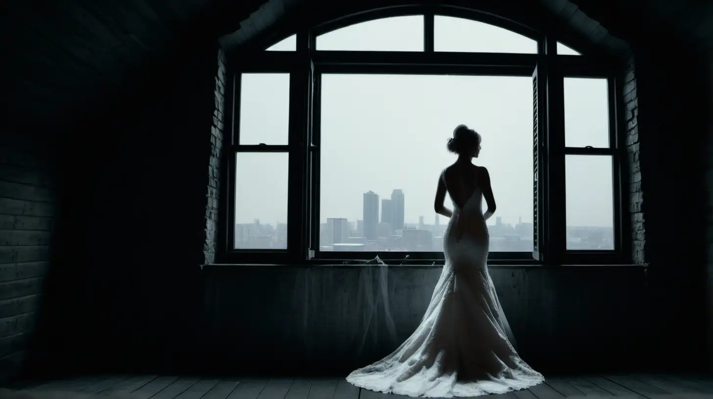 W ciemnym pomieszeniu na strychu stoi na tle dużego okna panna młoda w sukni ślubnej, Zdjęcie ciemne za oknem miasto.