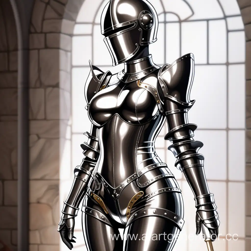 Латексная девушка рыцарь в сексуальных обтягивающих блестящих глянцевых железных доспехах. в закрытом шлеме. с железной грудью изображение сделать в милой стилистике
