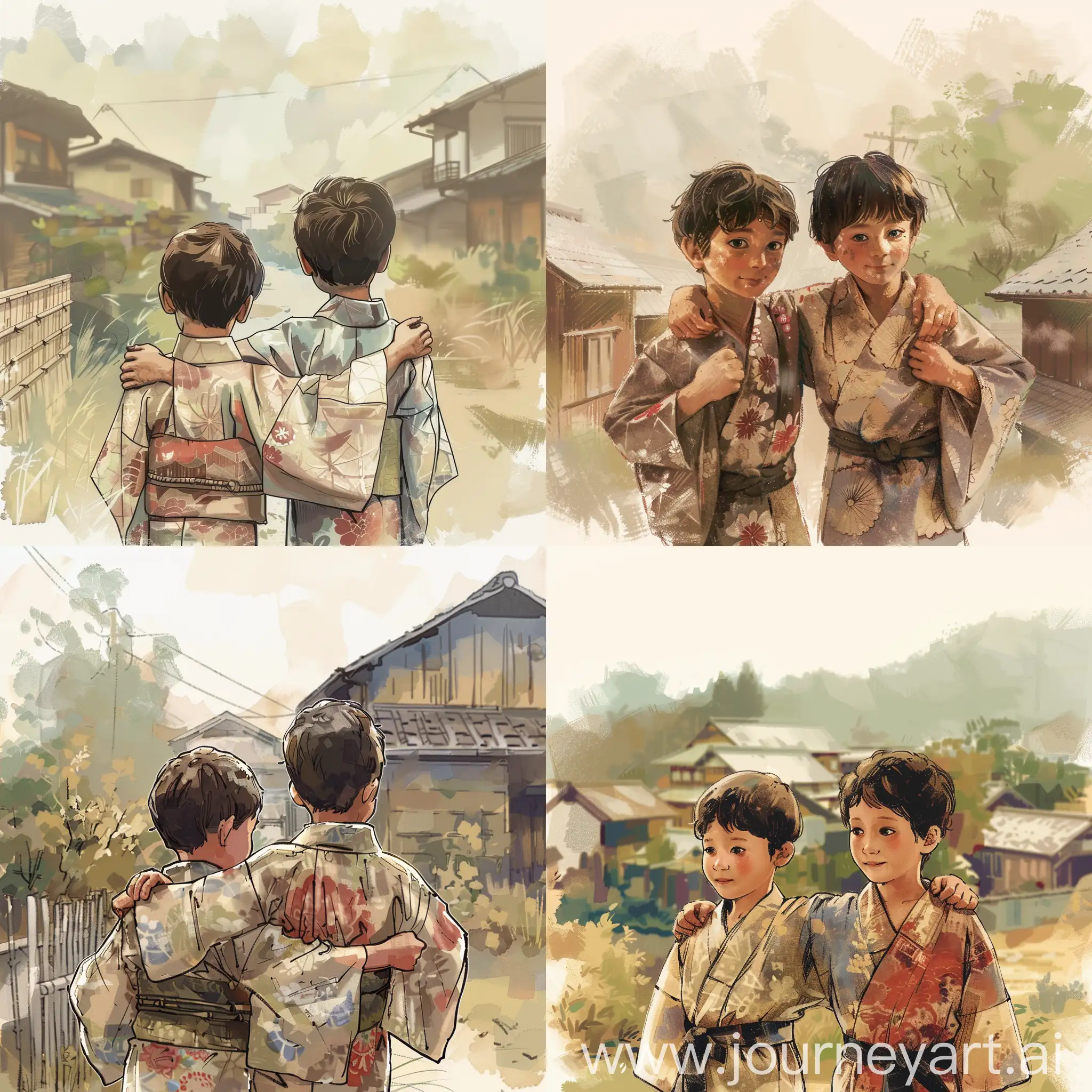 Two boys Japanese children in worn kimonos looking ahead ((put arms around each other's shoulders)) (zoom in). Illustrated stories Japan and Japan has a rich tradition of storytelling, and whimsical. Create a collaborative story that incorporates elements of these artistic styles. Background Japanese rural eighborhood blur, subtle,mysterious,positive good emotions, DREAMS, dreaming.japan style