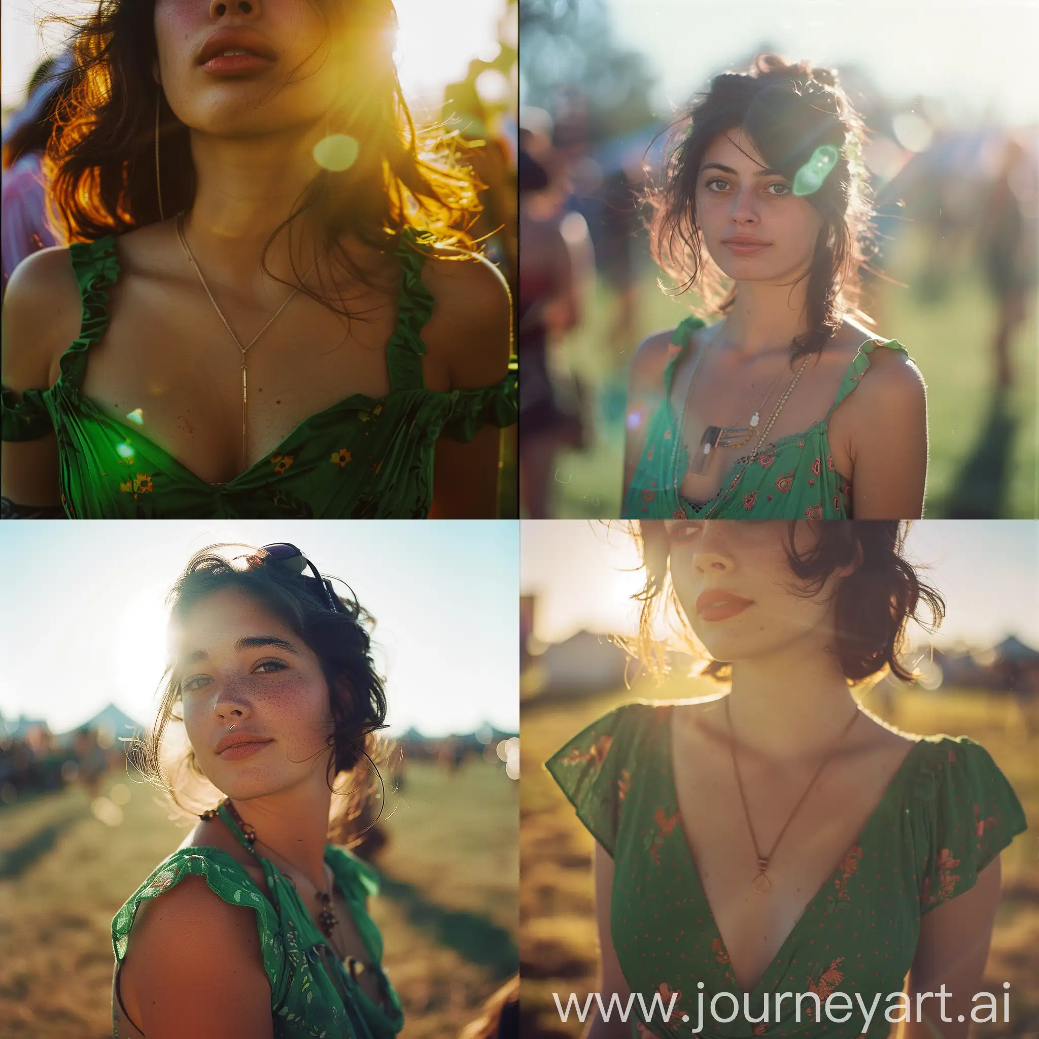 a Close up, young woman, wearing vintage green dress, Kodak EcktaChrome, LA vibes, portrait Prompt B: a young woman attending a music festival, backlighting, portrait --v 6 --ar 1:1 --no 16547