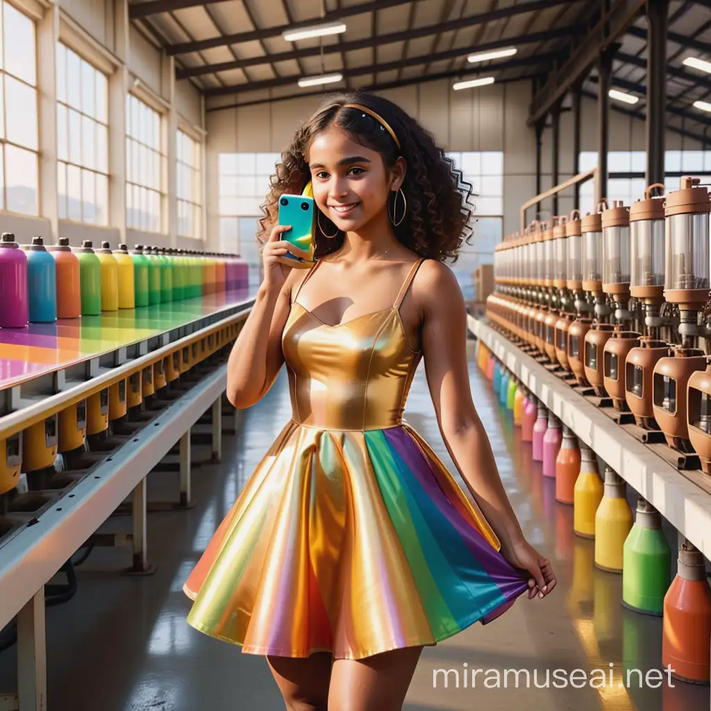 a brown girl with a golden dress on in a rainbow factory and she has hills in full body  and has a phone  in her hand with a rainbow phone