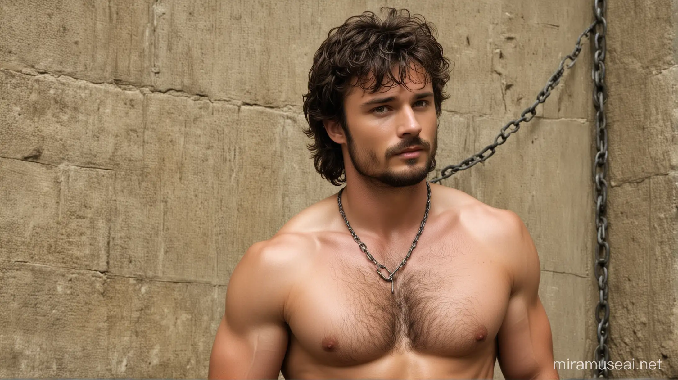 Old prison. Hairy furry teenage version of actor Tom Welling, aged 15, but with a lot of beard and a very hairy body. Welling is a prisoner, arms raised and stretched, showing very hairy armpits, wrists bound with shackles and tied with chains to the prison wall, green eyes, shirtless, very hairy chest like in the past, short hair, serious expression, bearded, body and very hairy chest.